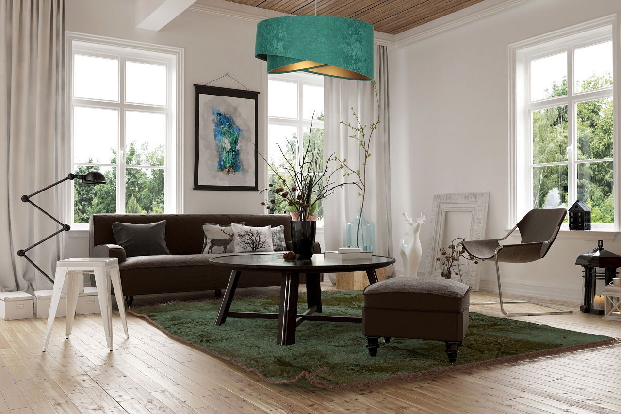 Suspension Tissu E27 rond D : 50 cm Vert Or Aspect velours