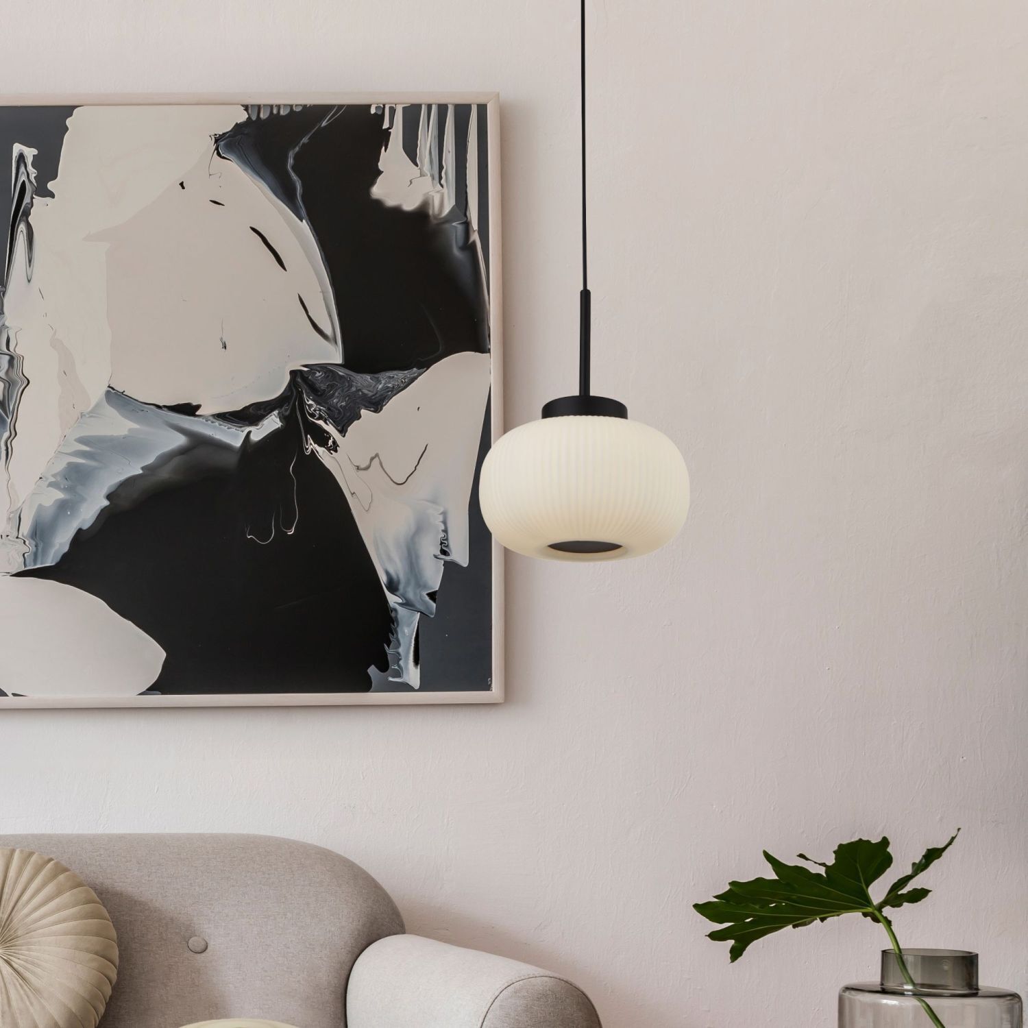 Lampe à suspendre verre métal Ø 24 cm étroit E27 noir blanc