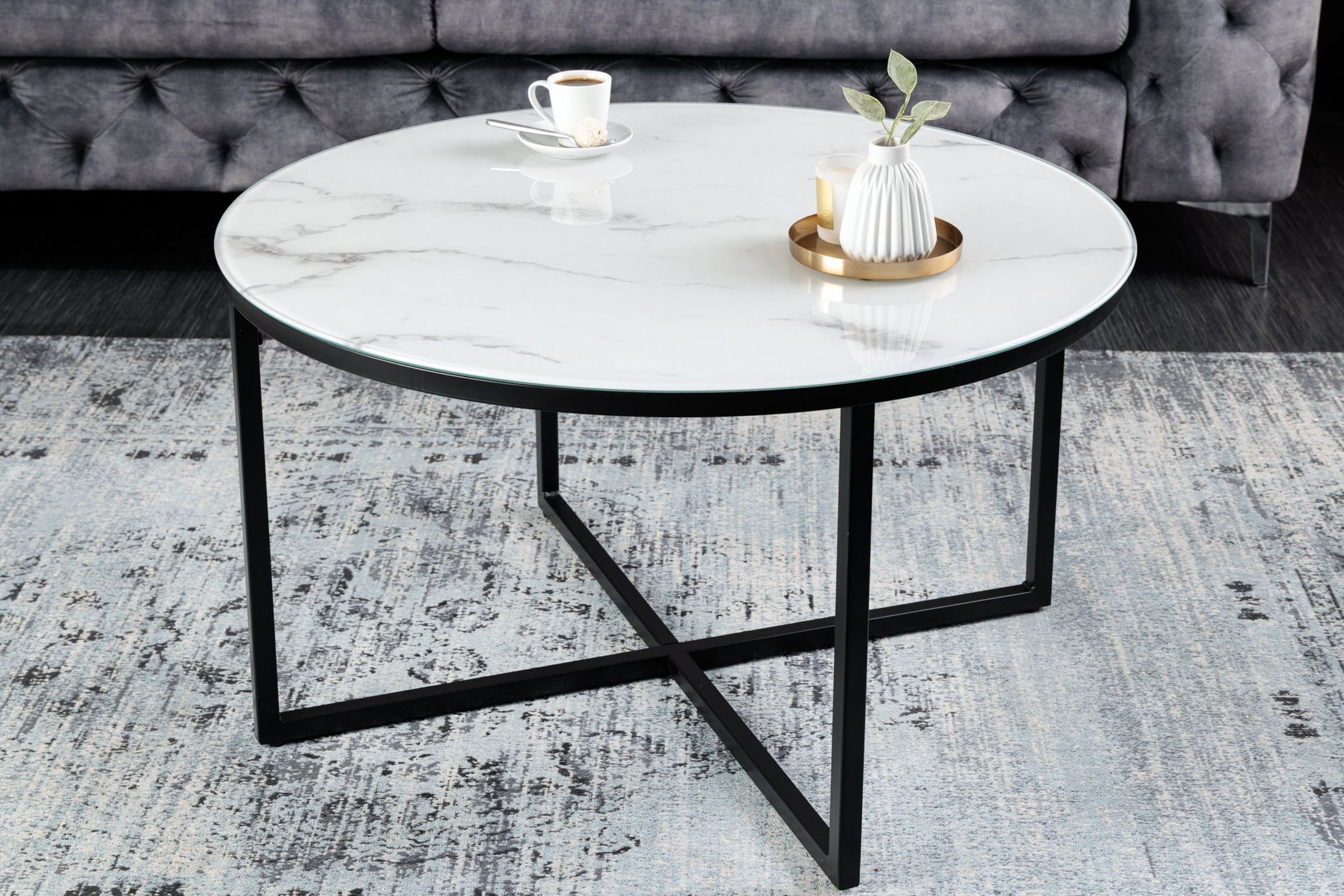 Table basse en verre trempé métal blanc noir 80x80 cm Kaffeetisch, Mobiliar, Tabelle, Tischplatte, Tasse