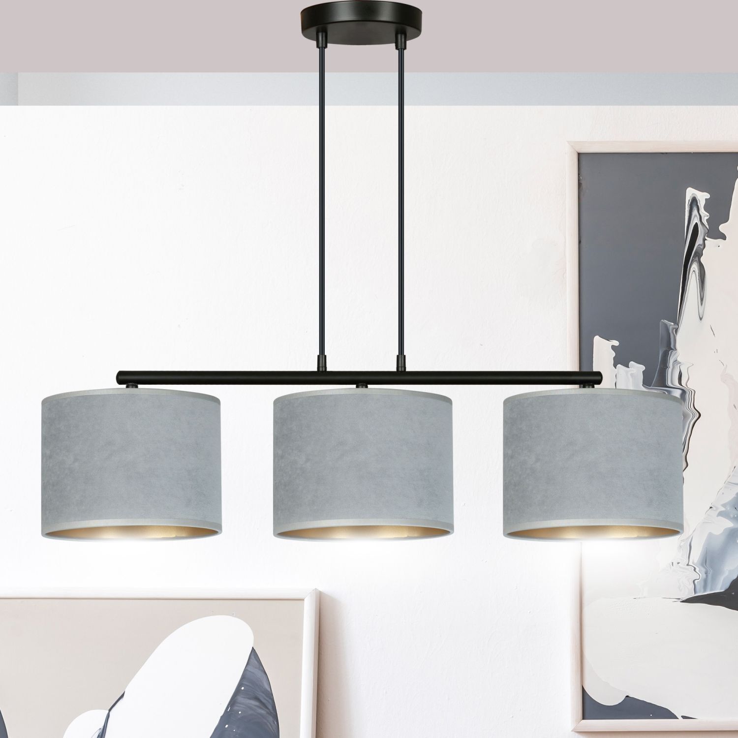 Suspension Métal Tissu L : 72 cm Noir Gris Or E27
