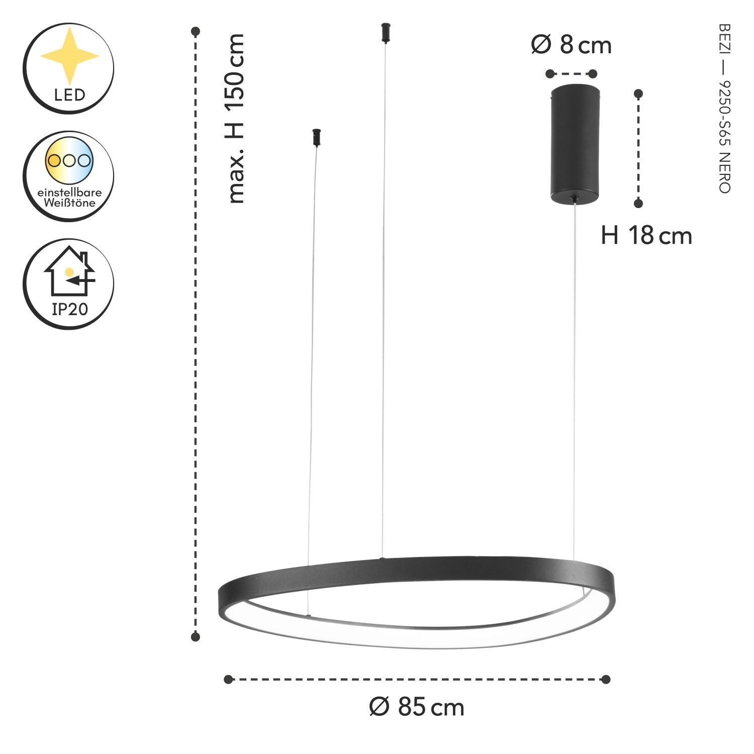 LED Lampe à suspendre noire anneau L:65 cm 3000/4000/6500 K hängelampe, ringlampe, LED, dimmbar, Ø85cm