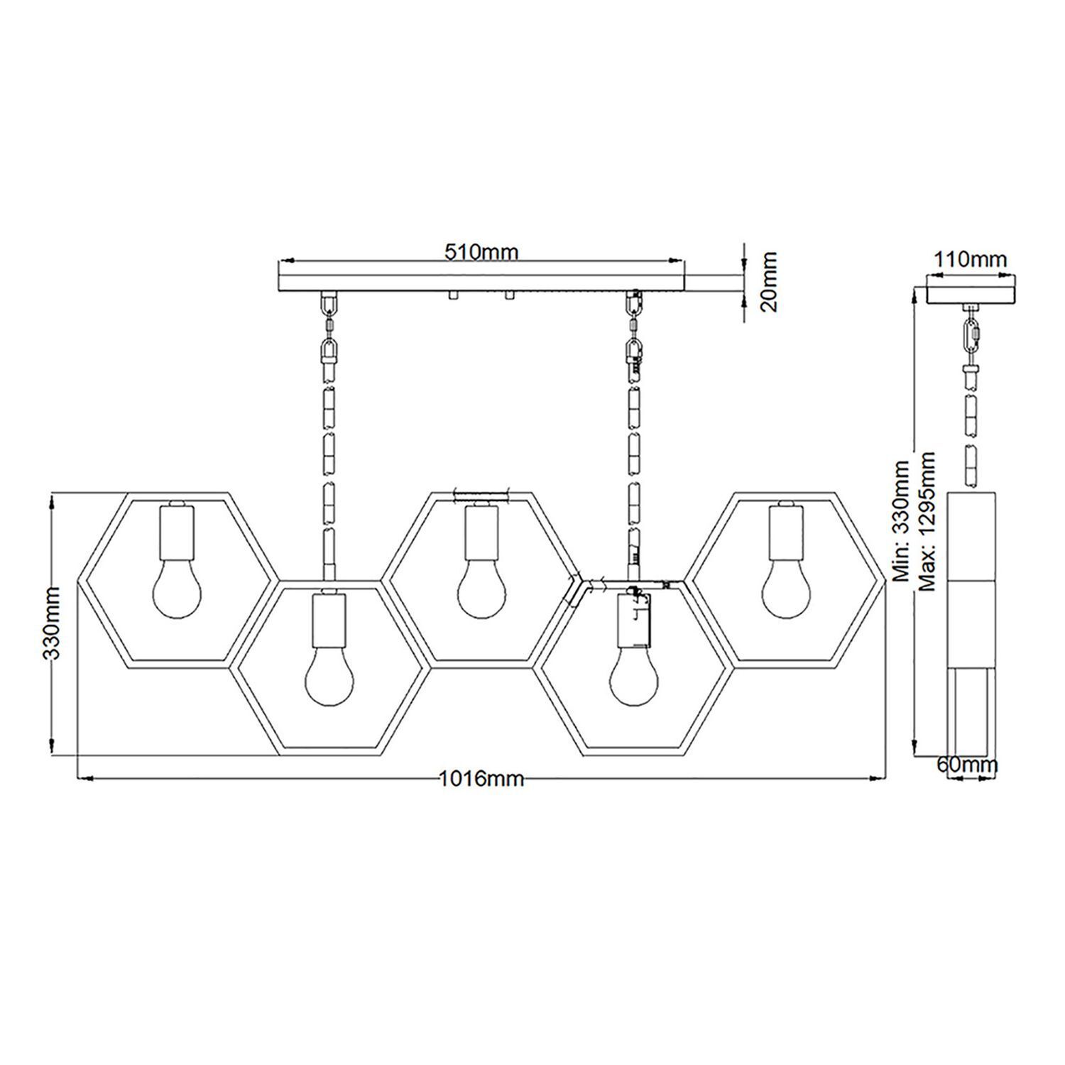 Suspension en métal L : 101,6 cm réglable en hauteur Noir Or