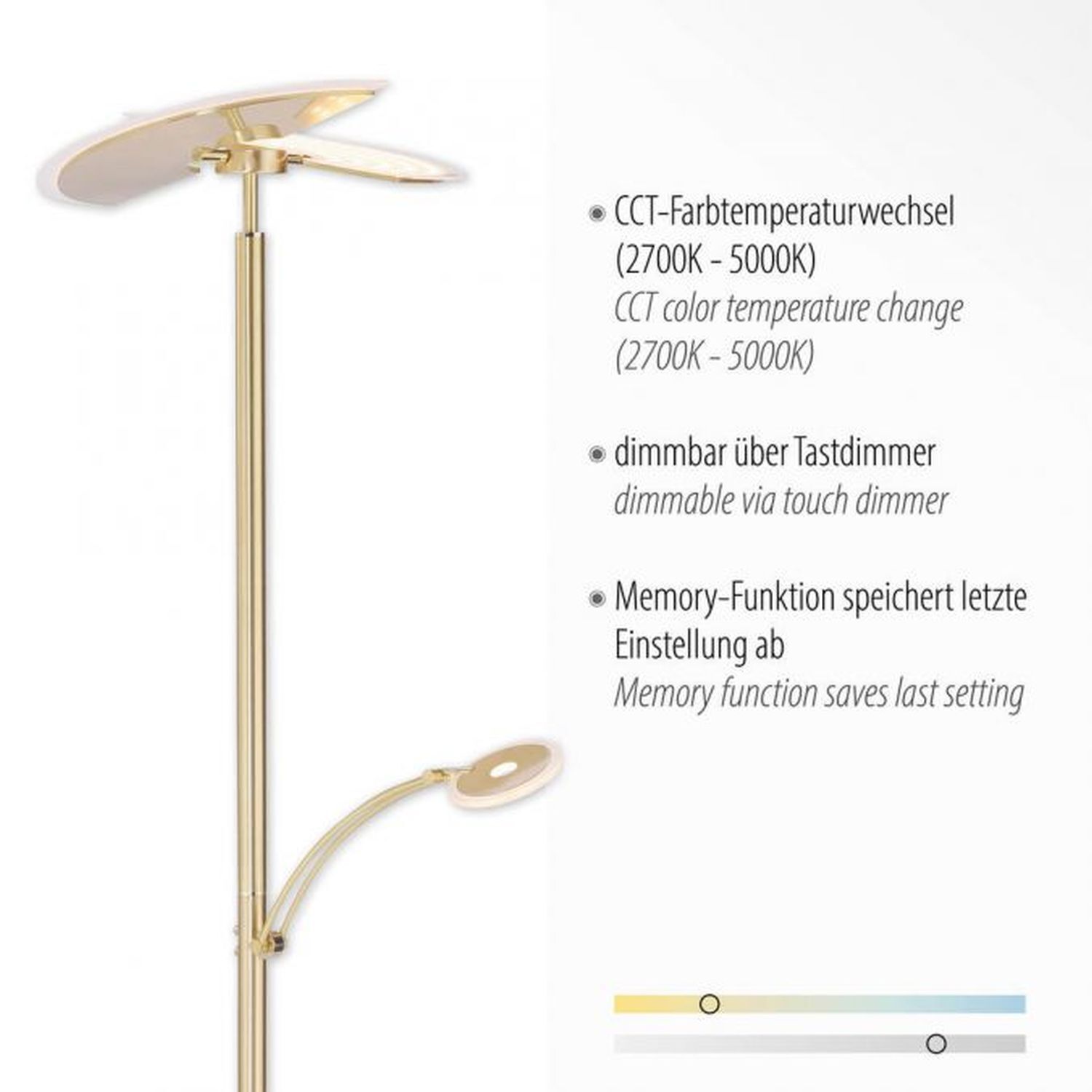 Lampadaire LED lampe de lecture en laiton verre 200 cm dimmable Badezimmer, Drinnen, Zimmer, Duscharmatur, Lampe