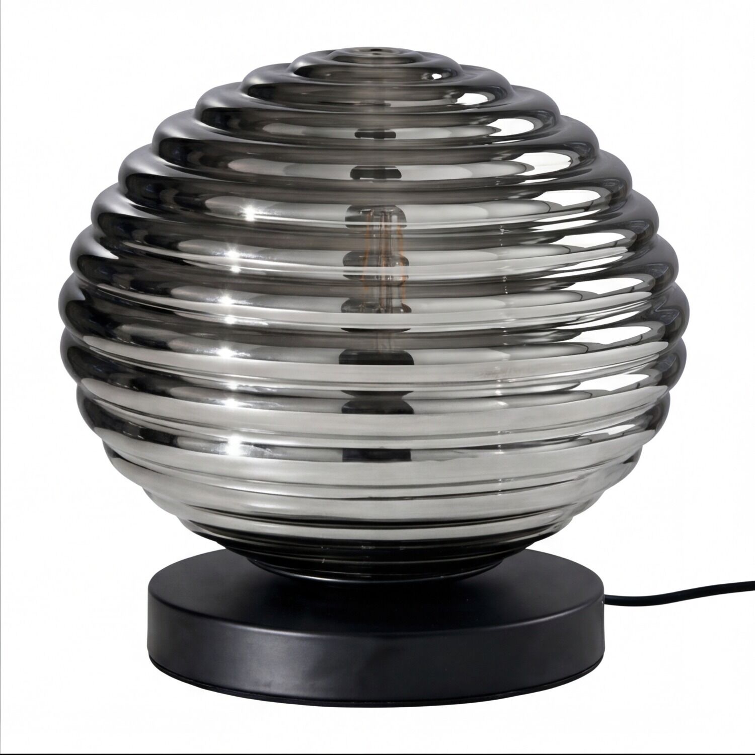Tischleuchte Rauchglas Metall Schwarz E27 28 cm Ø32 cm Lampe, Tischlampe, Glasball, Spirallampe, Runde Lampe