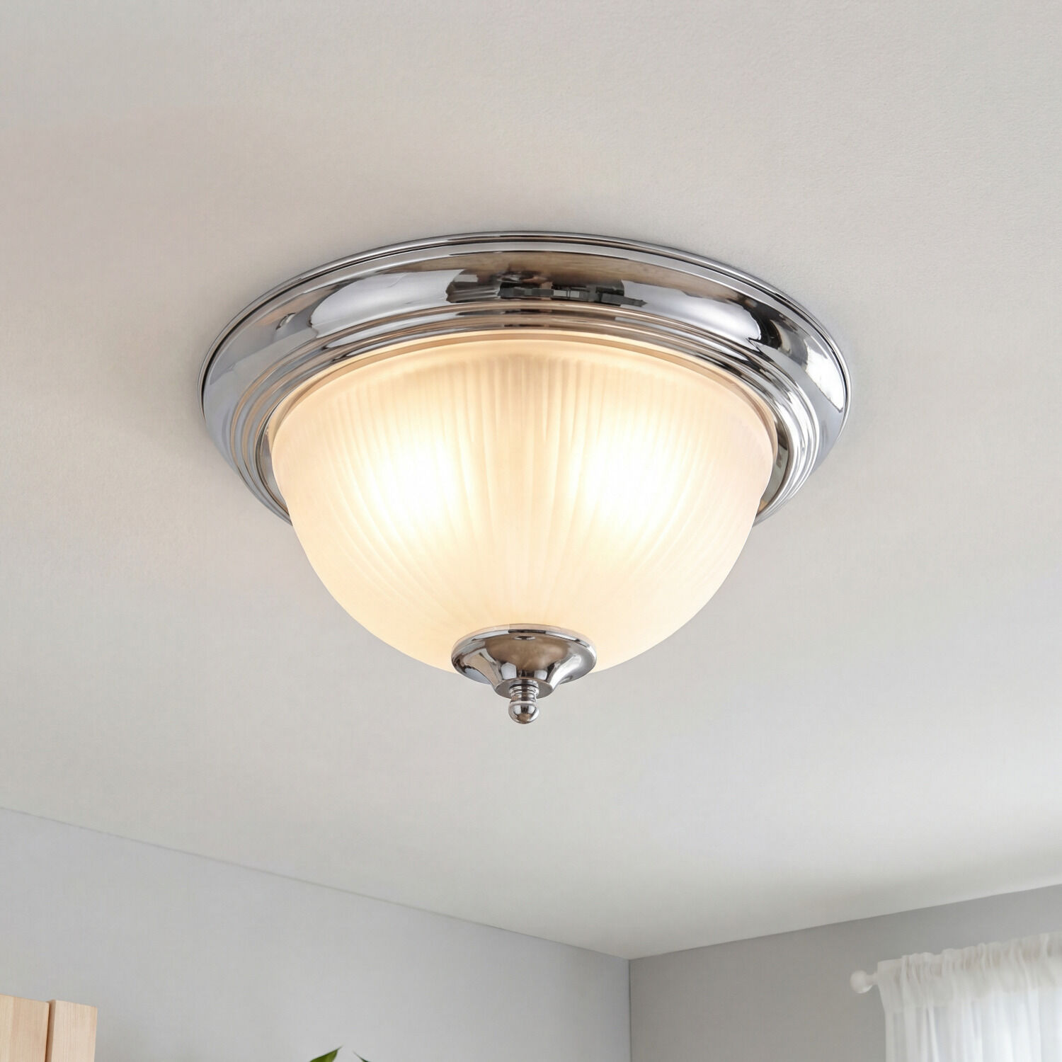 Deckenlampe Glas Metall E14 IP44 29 cm rund in Chrom deckenleuchte, deckenkopf, chrom, gläserner lampenschirm, runde lampe