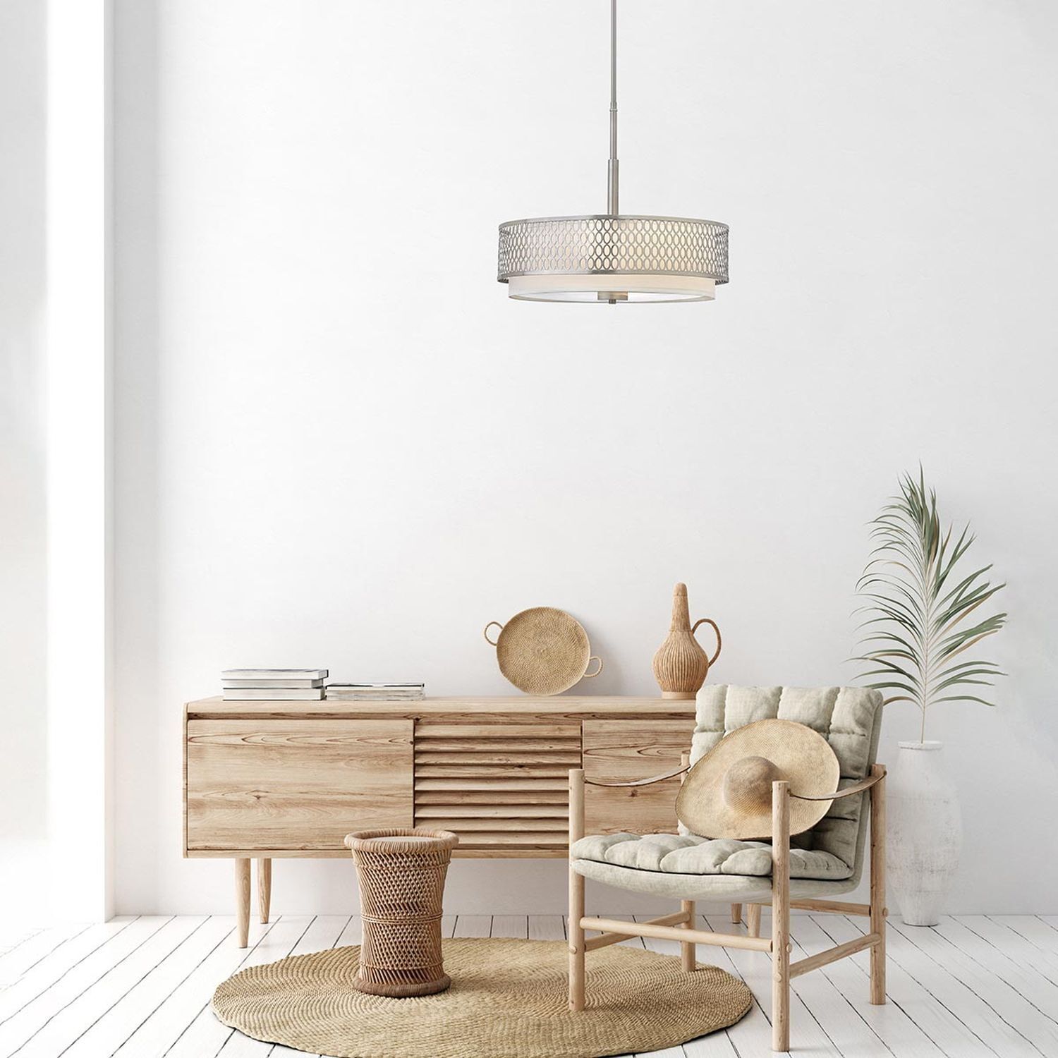 Hängelampe rund Ø 53,4 cm höhenverstellbar blendarm holzsideboard, holzmöbel, naturfarben, wohnzimmer, korbdekoration