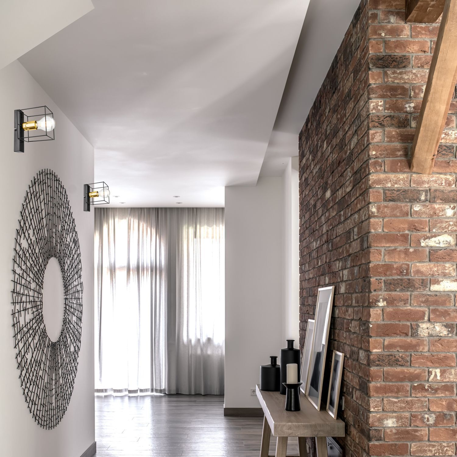 Wandleuchte Metall klein Schwarz Gold Würfel Draht für E27 Drinnen, Innenarchitektur, Wohnzimmer, Lampe, Fußboden