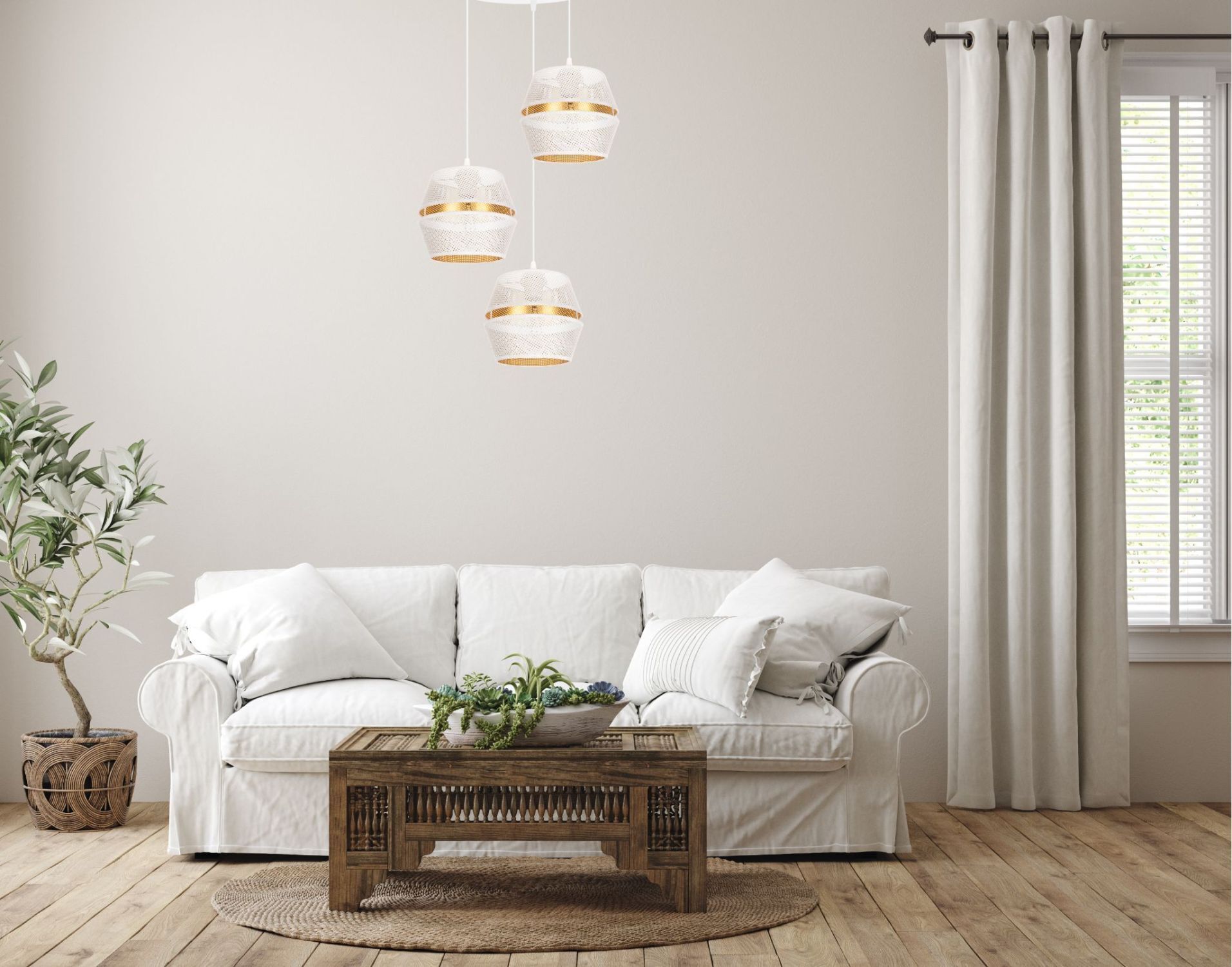 Lampe à suspendre ronde blanc or métal L:45 cm E27 3-flmg