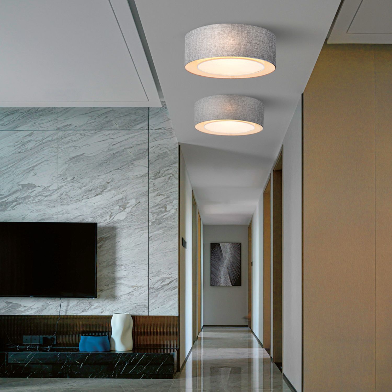 Lampe de plafond métal tissu E27 Ø 52 cm chrome gris rond Deckenleuchte, Drinnen, Innenarchitektur