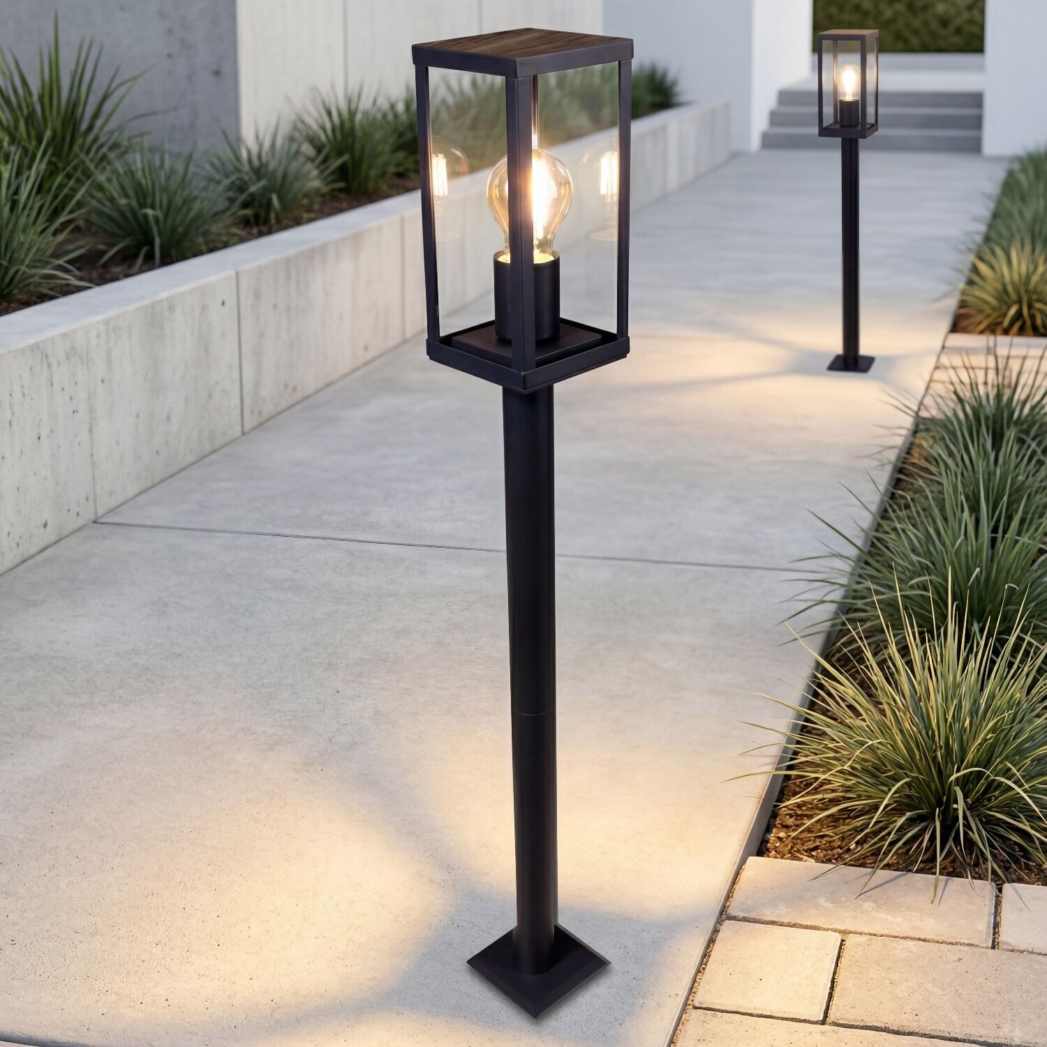 Wegeleuchte Vintage Schwarz Holz 100 cm klein IP44 E27 Außenlampe, Standleuchte, Laternenleuchte, Metall, Glühbirne