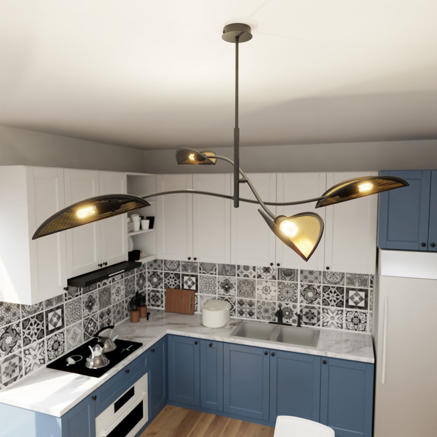 kitchen, pendant light, blue cabinets, tile backsplash, stove