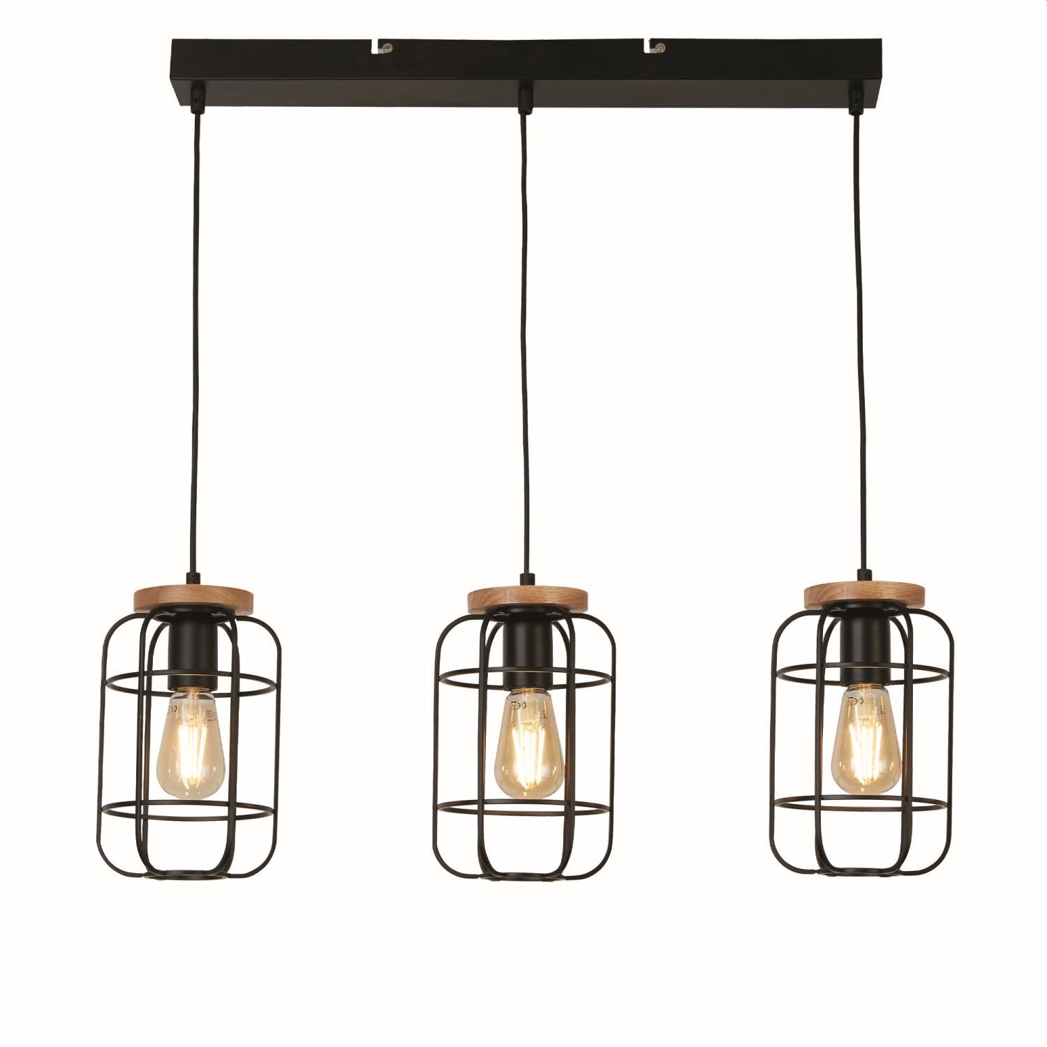Suspension Noir Naturel 3-flamme E27 Métal Bois
