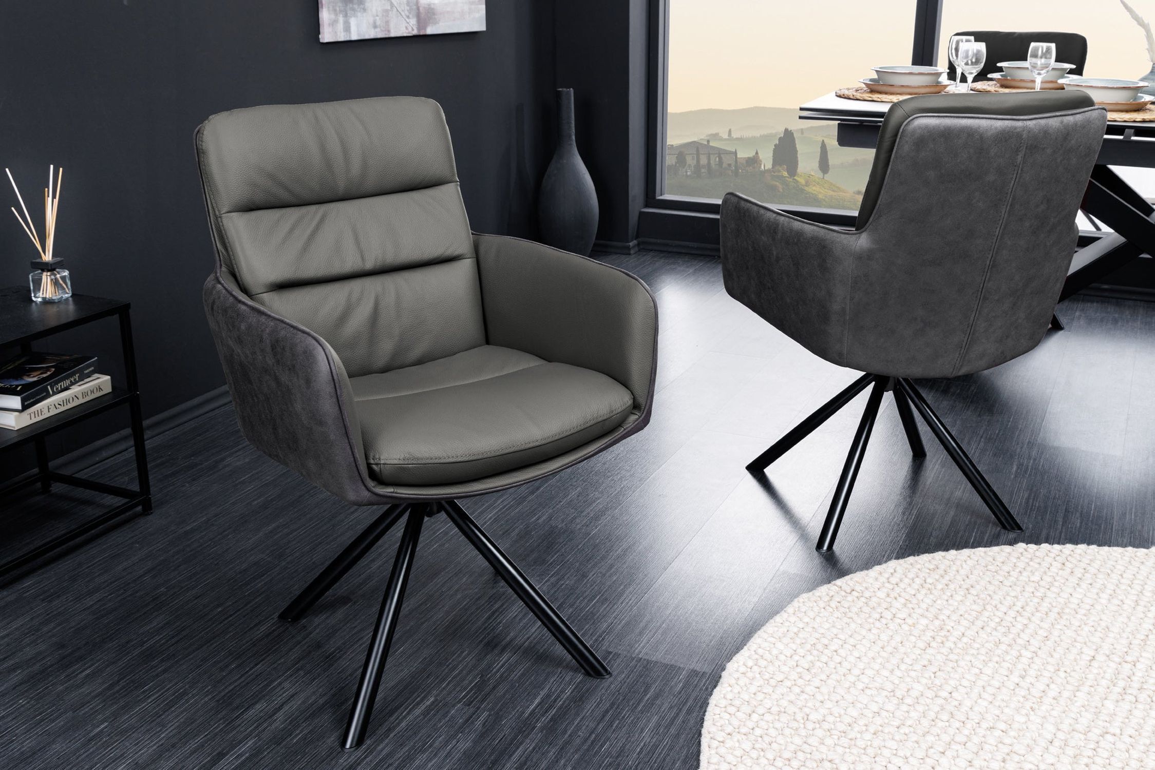 Chaise pivotante cuir tissu métal gris noir sans roulettes Moebel, Stuhl, Fußboden, Drinnen