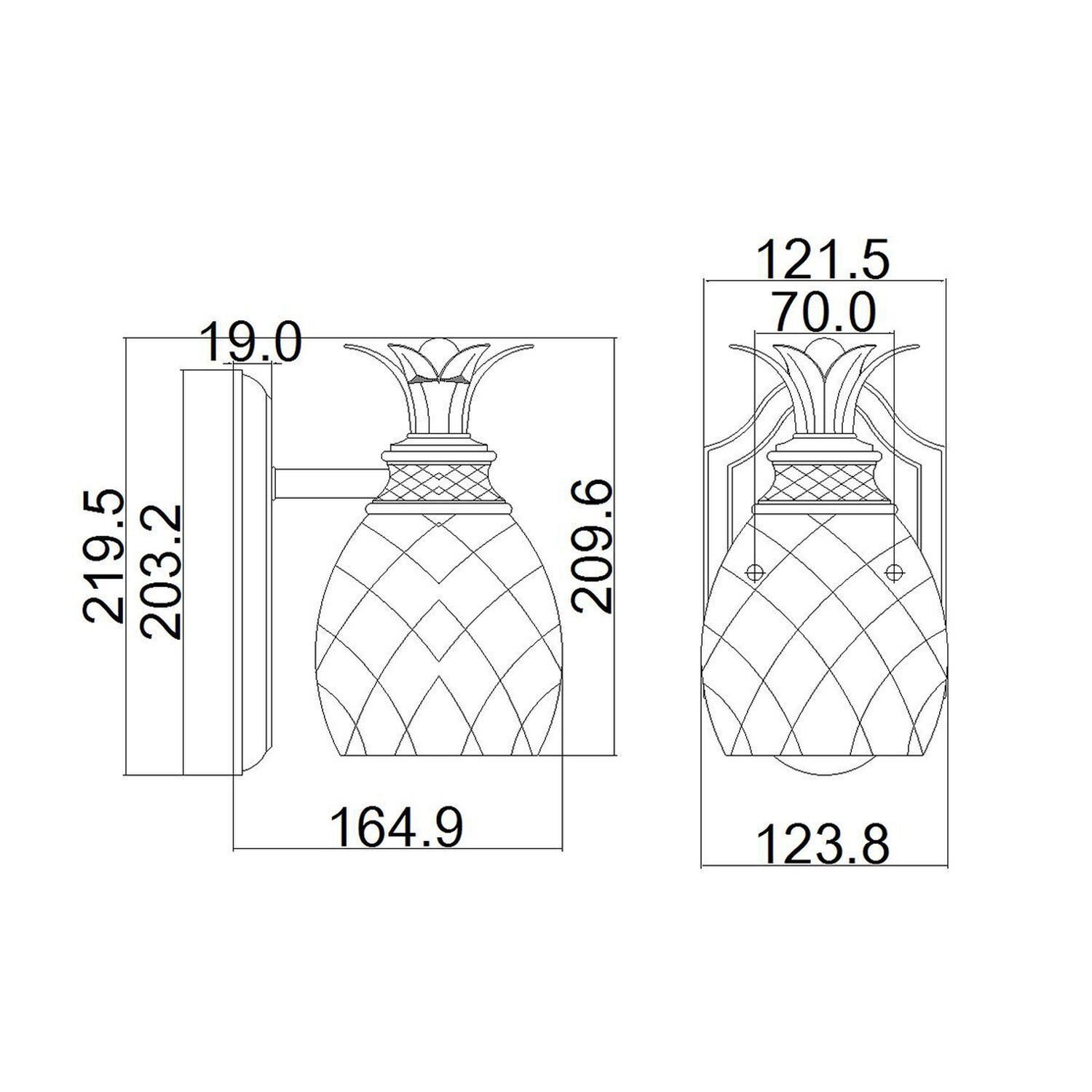 Badlampe Wandlampe Bad IP44 Glas Messing massiv mit LED G9 Ananas-Wandlampe, Ananas-Leuchte, Wandlicht, Glasschirm, Maßzeichnung
