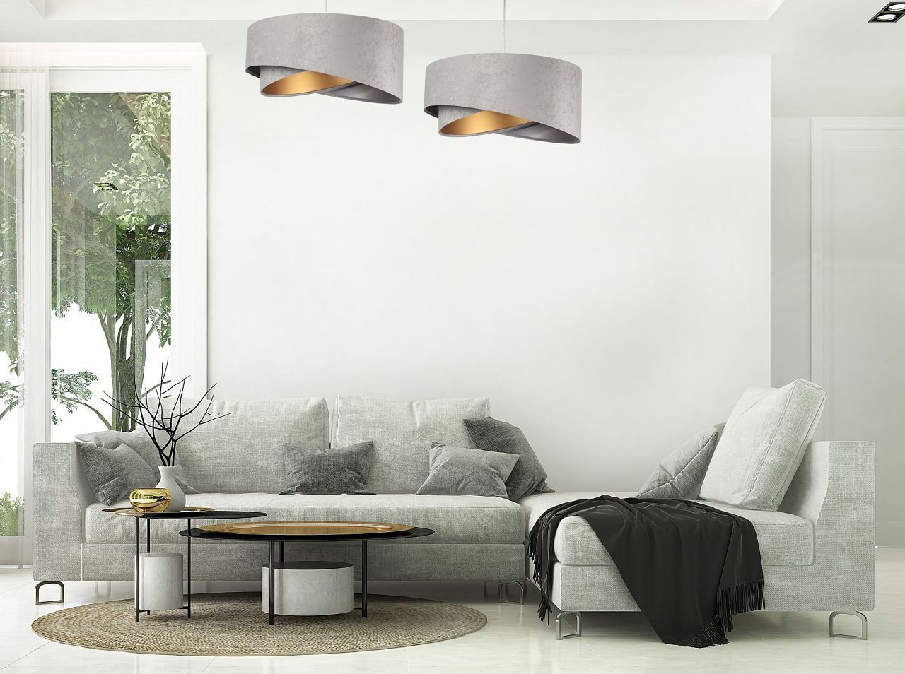 Lampe à suspendre E27 tissu rond Ø 50 cm gris or argent
