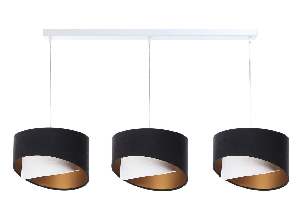 Suspension tissu 3 flammes E27 en blanc noir or