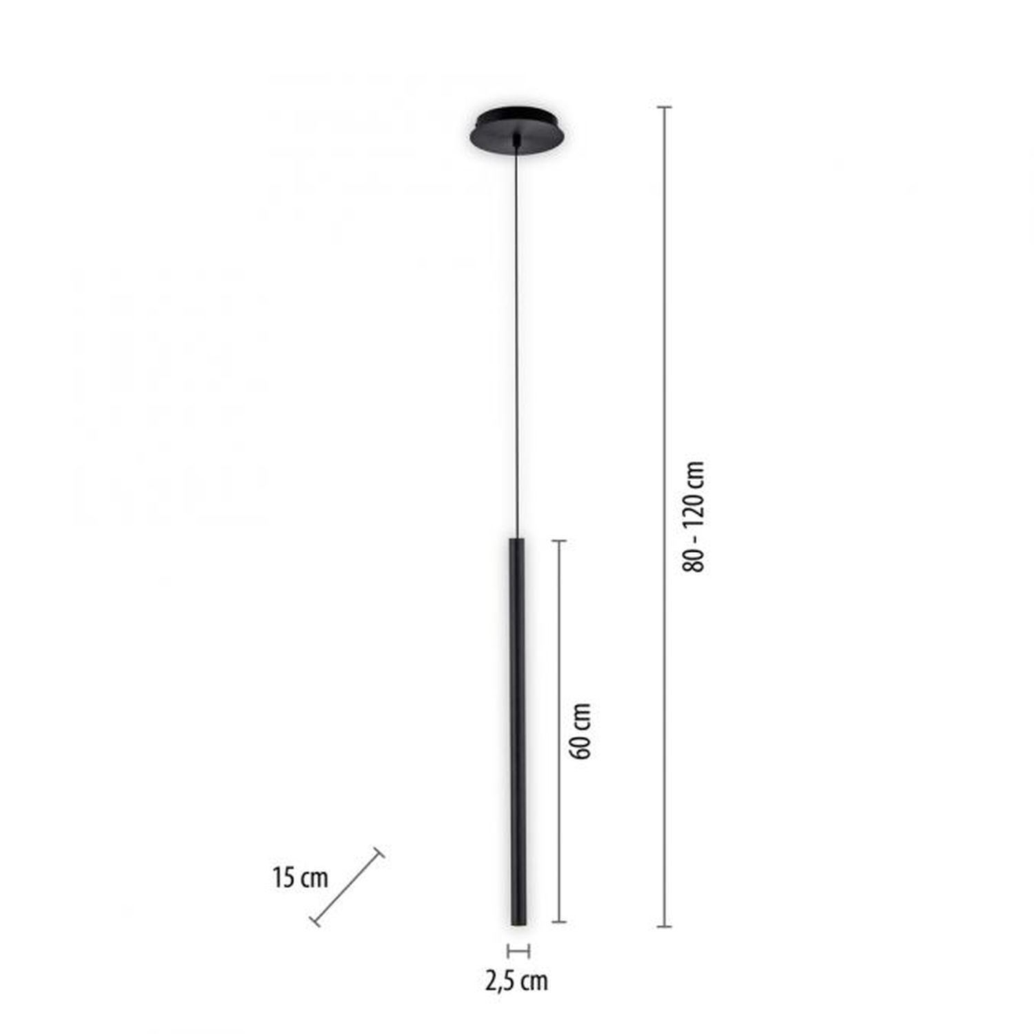 Suspension LED Noir Métal Ø2,5 cm ronde intensité lumineuse variable