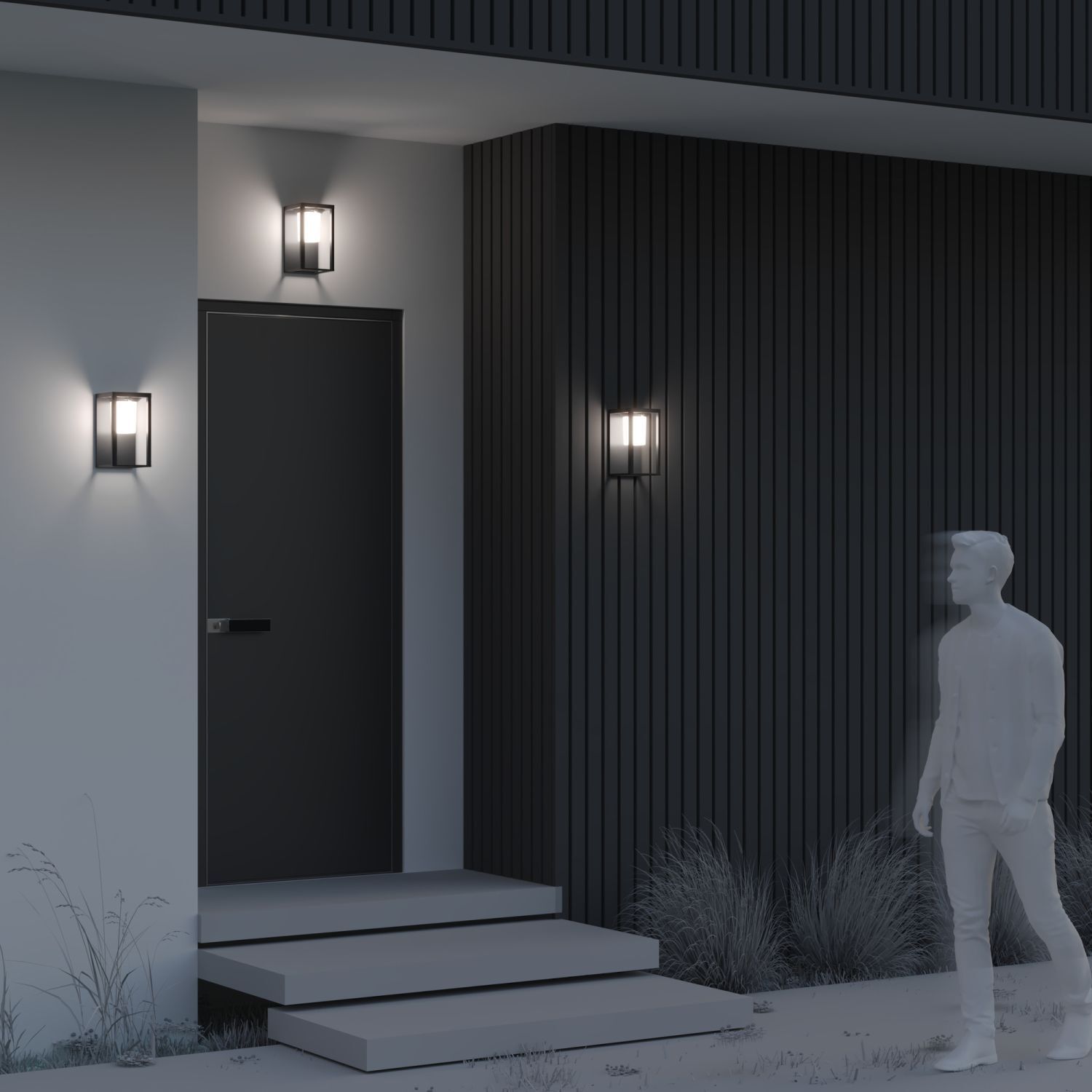 moderne frontansicht, haustür, hintergrundverkleidung, außenbeleuchtung, figurale skulptur