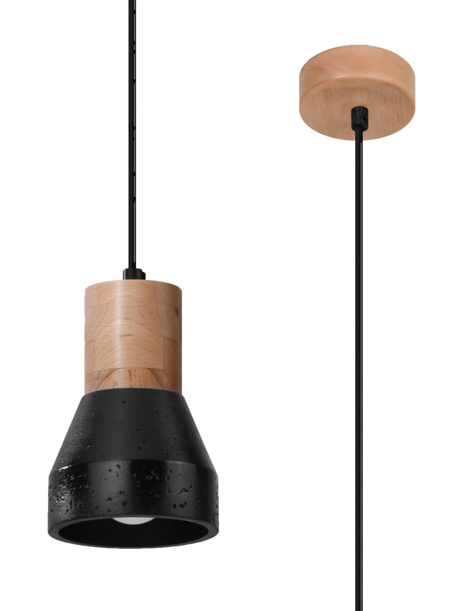 Lampe à suspendre Noir Béton Bois Scandinave Ø 12 cm