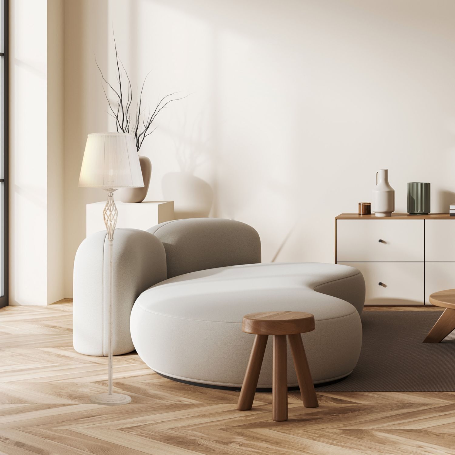 Lampadaire métal tissu 165 cm en shabby blanc or blanc Moebel, Lampe