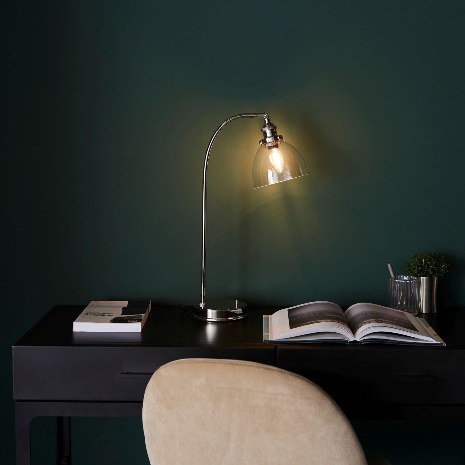 Lampe de bureau métal verre E14 réglable 53,3 cm nickel