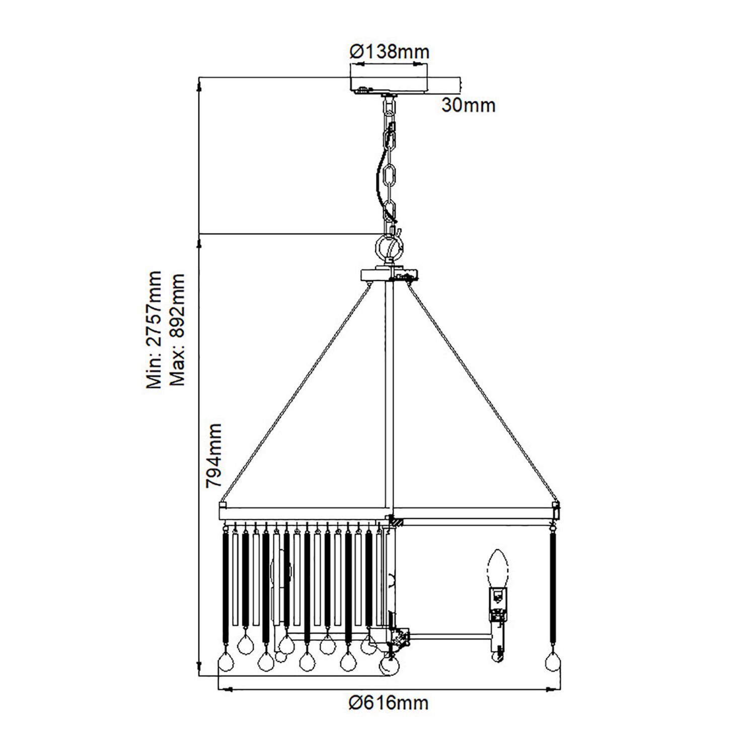 Kristall Hängelampe rund Ø 61 cm H: max. 2,7 m verstellbar Kronleuchter, Pendellicht, Deckenleuchte, Metallrahmen, Kristallverzierung