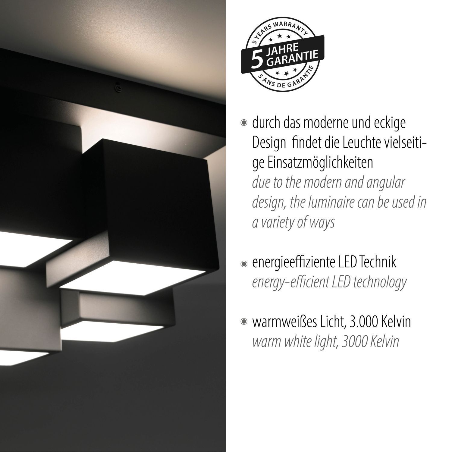 Plafonnier LED Métal Cube L:30 cm 2400 lm Noir Deckenleuchte