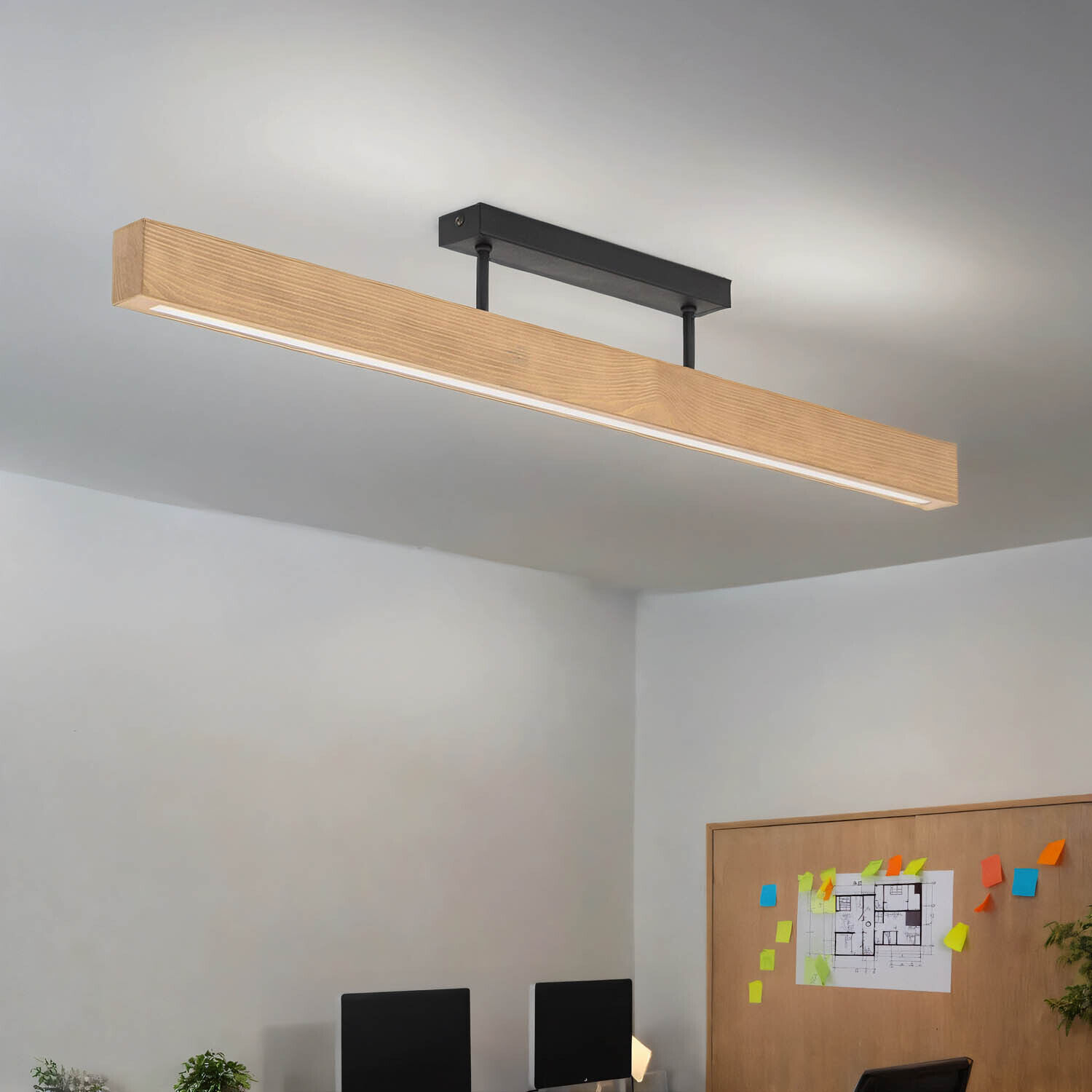 Plafonnier LED bois métal 96 cm de long H : 16,5 cm 3000 K Deckenleuchte, Drinnen, Innenarchitektur