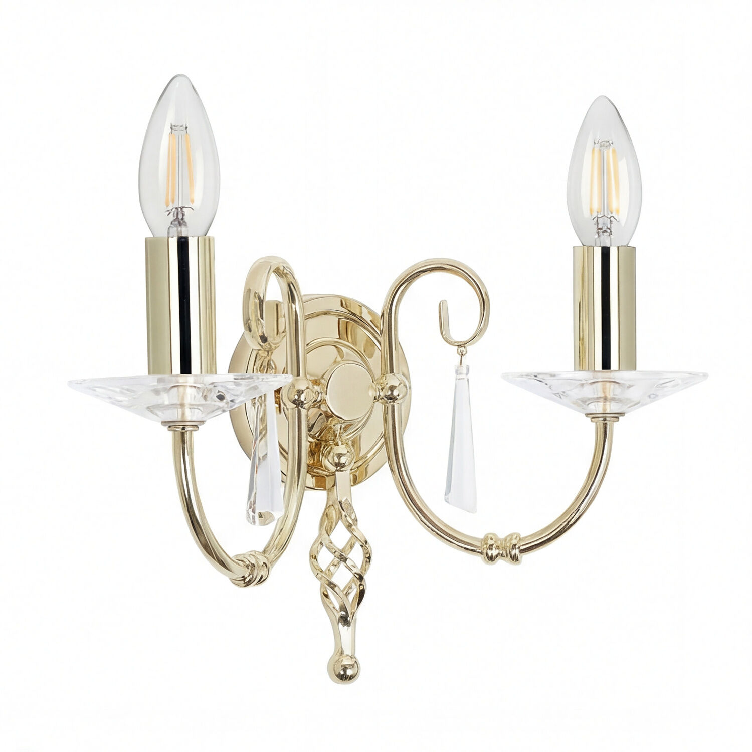 wandleuchte-wandlampe-candela-2-flammig-messing-poliert-klassisch-02 Kronleuchter, Wandleuchte, Goldfarbe, Kristallakzente, Doppelarm