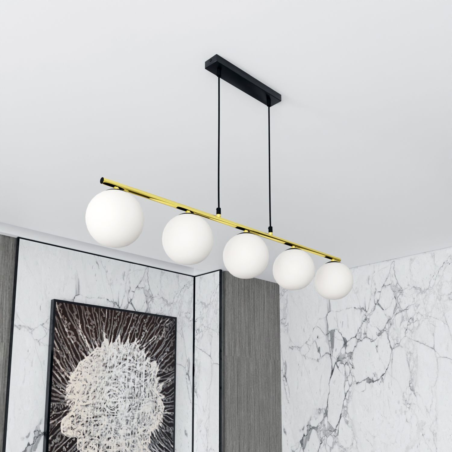 Suspension noir blanc or E14 verre métal 105 cm de long
