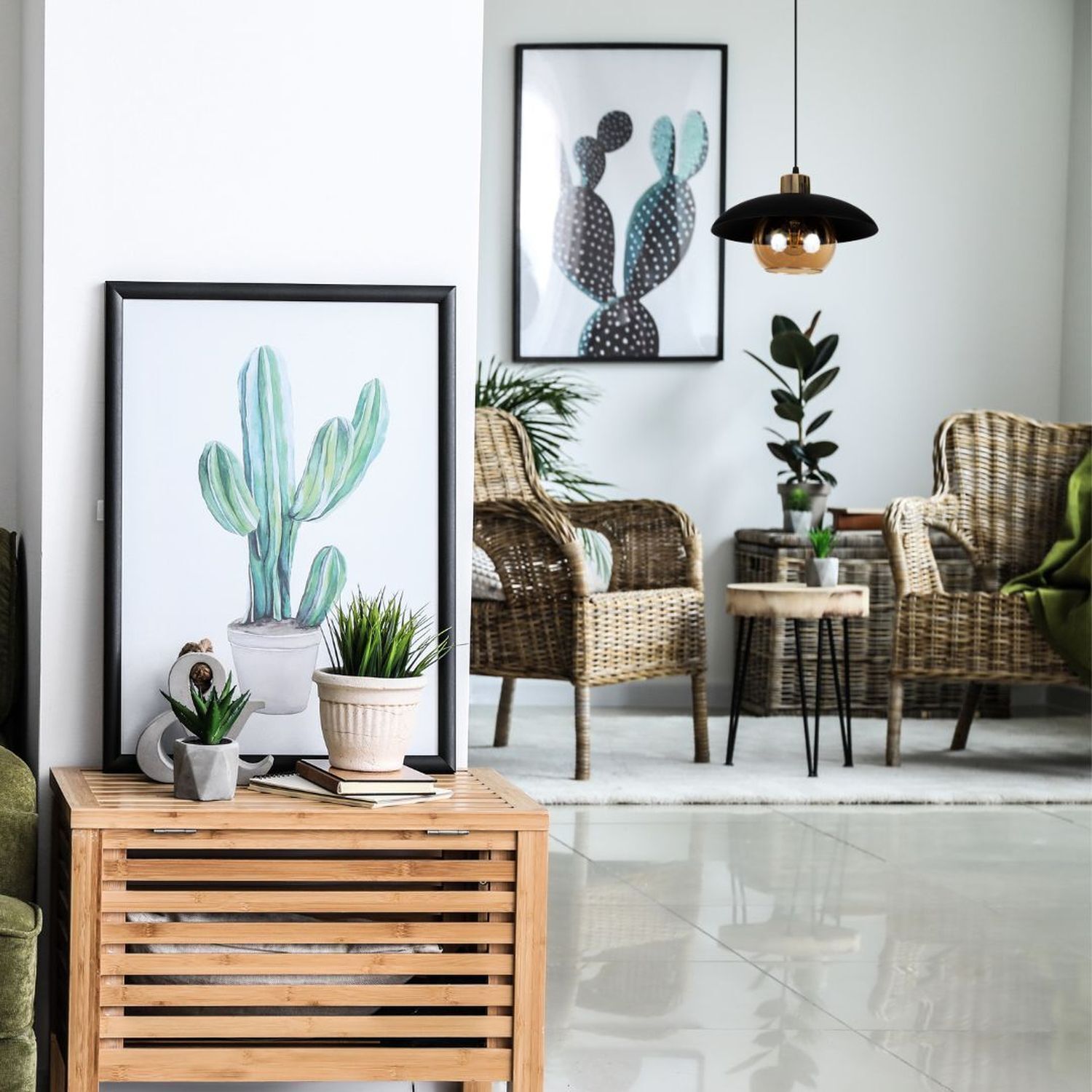 Cactus, Pflanzenbild, Wohnzimmerdeko, Rattanstuhl, Holzkonsole