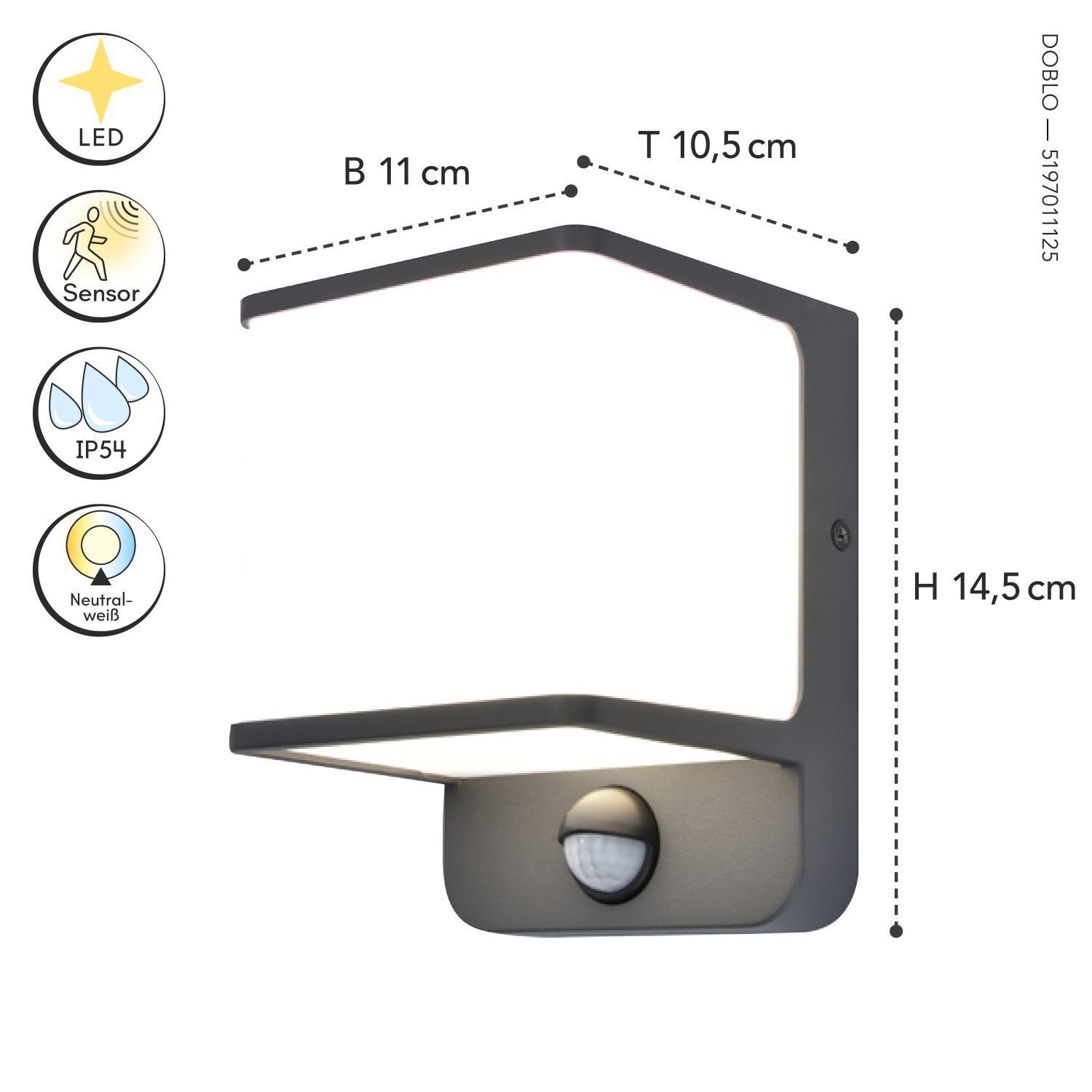 Applique murale LED Détecteur de mouvement IP54 4000 K Aluminium