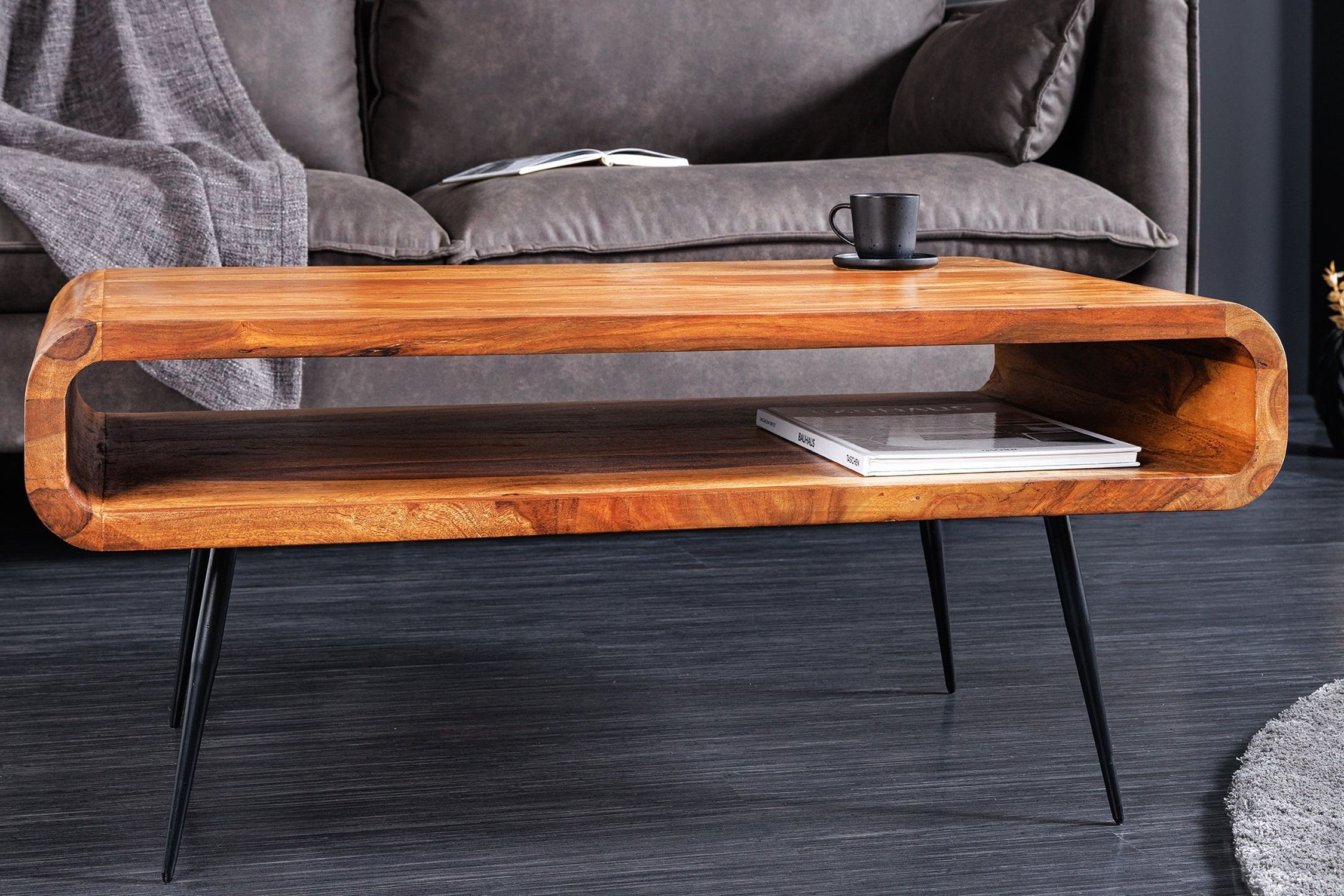Table basse en bois de sheesham et métal 90 x 50 cm Kaffeetisch, Tabelle, Holz, Hartholz, Gebeiztes Holz