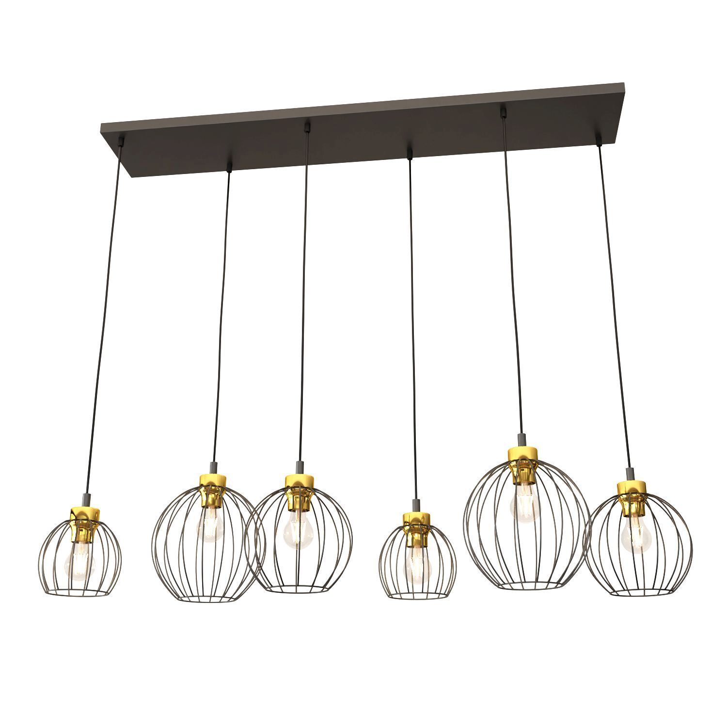 Suspension allongée noir or 6 flammes élégantes