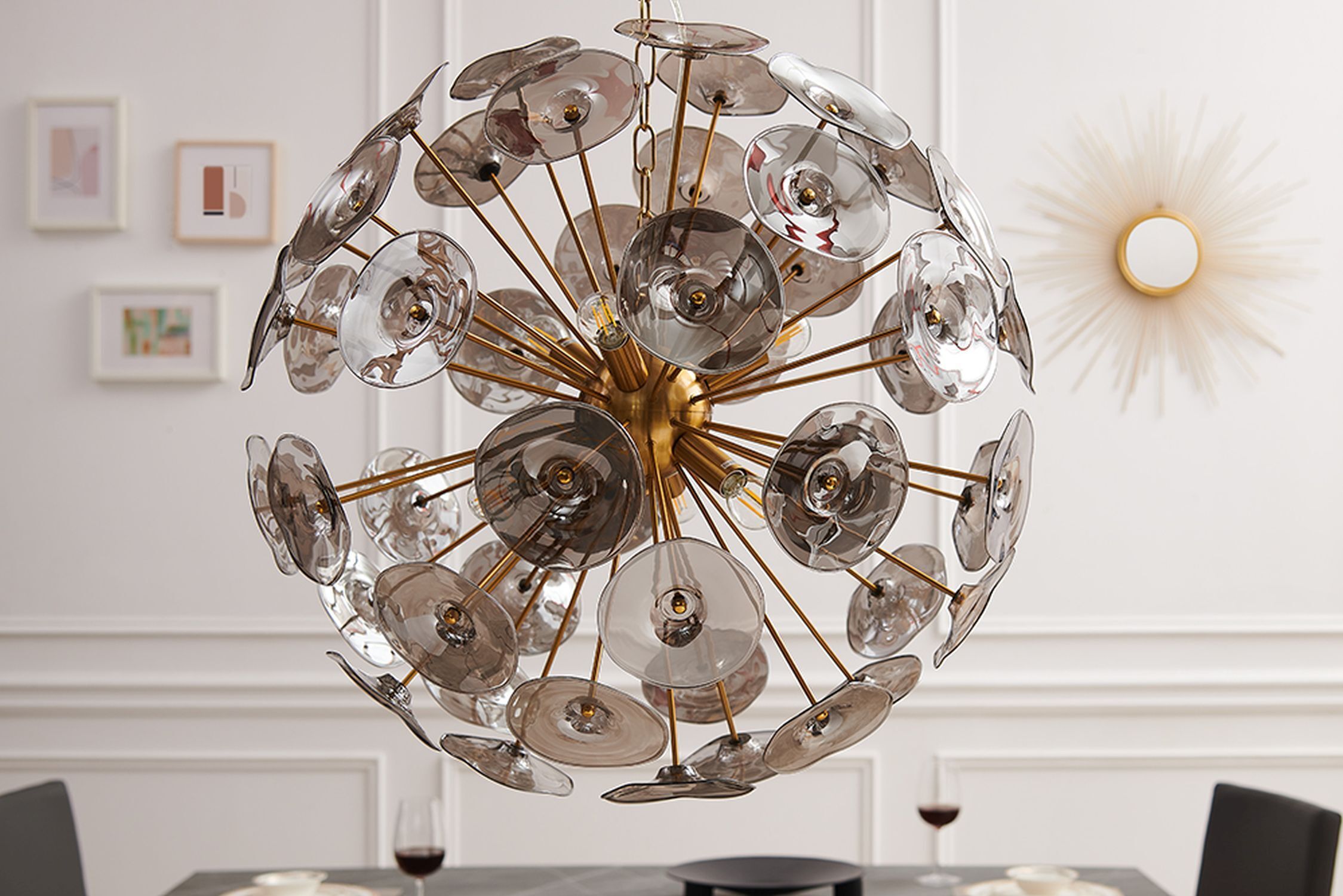 Runde Hängelampe Kugel Glas Metall 5-flammig in Gold Leuchter, Lampe