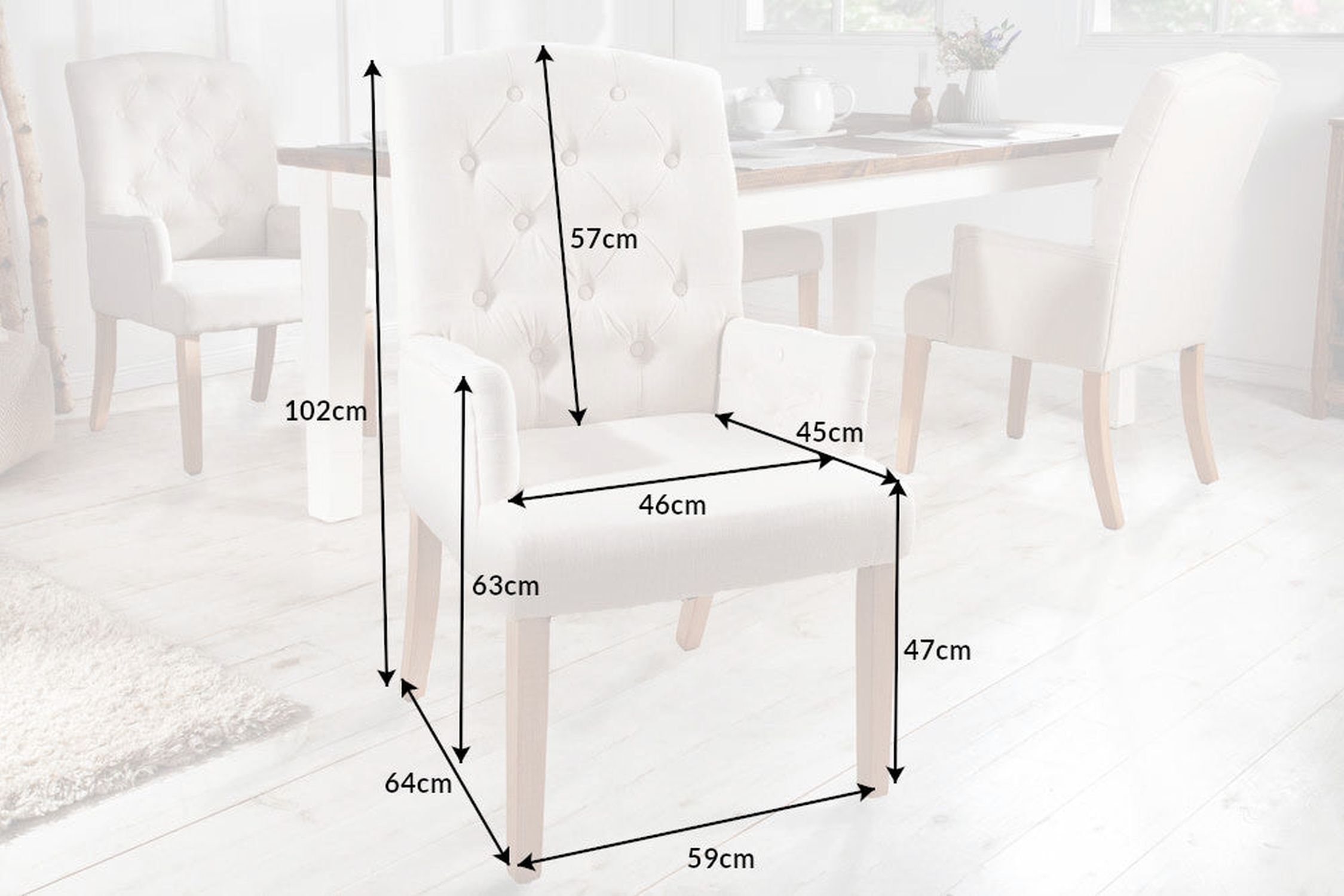 Chaise de salle à manger Beige Tissu Bois Chesterfield avec accoudoirs Moebel, Handlung, Esstisch, Tisch, Stuhl