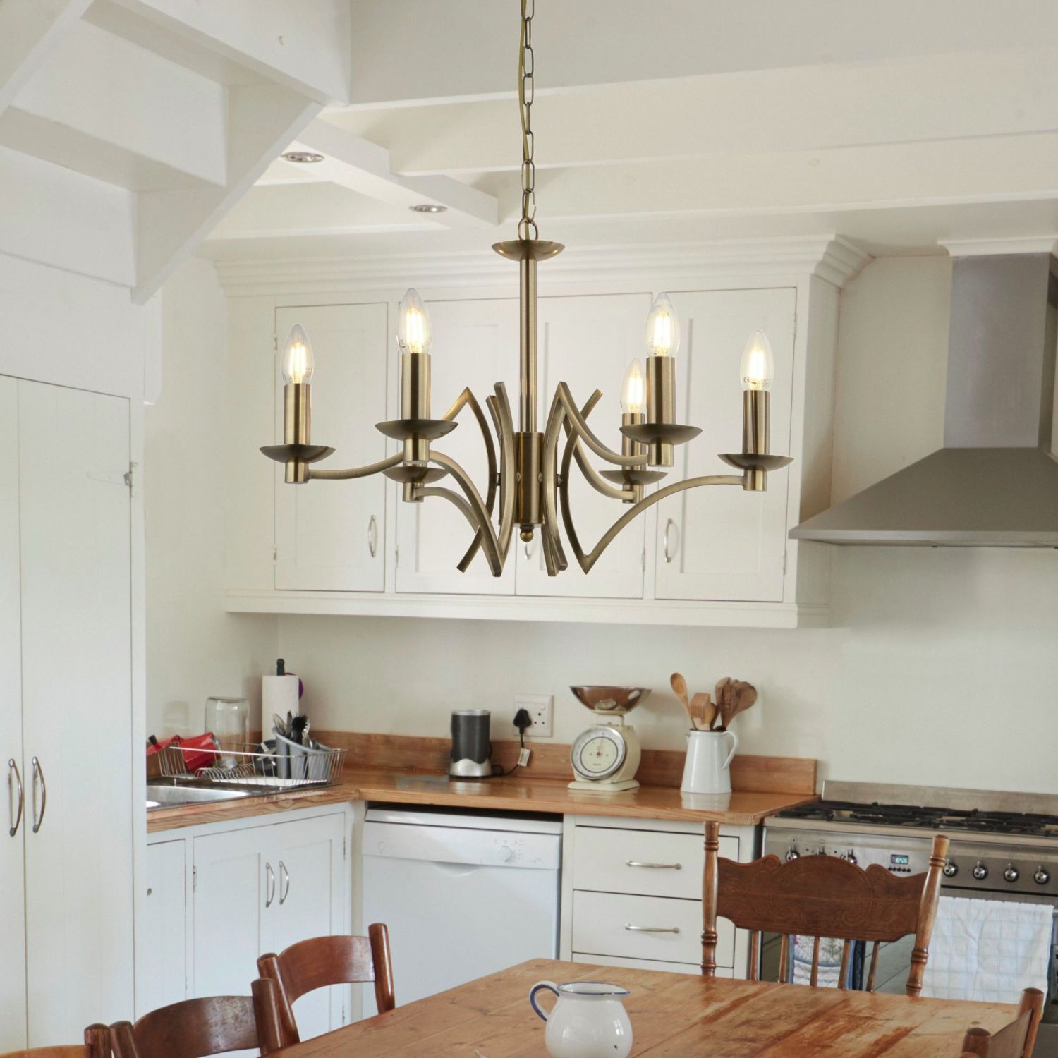 Lustre salle à manger Ø 56 cm en laiton antique 6 branches E14 Speisesaal, Esstisch, Innenarchitektur, Kronleuchter, Küche