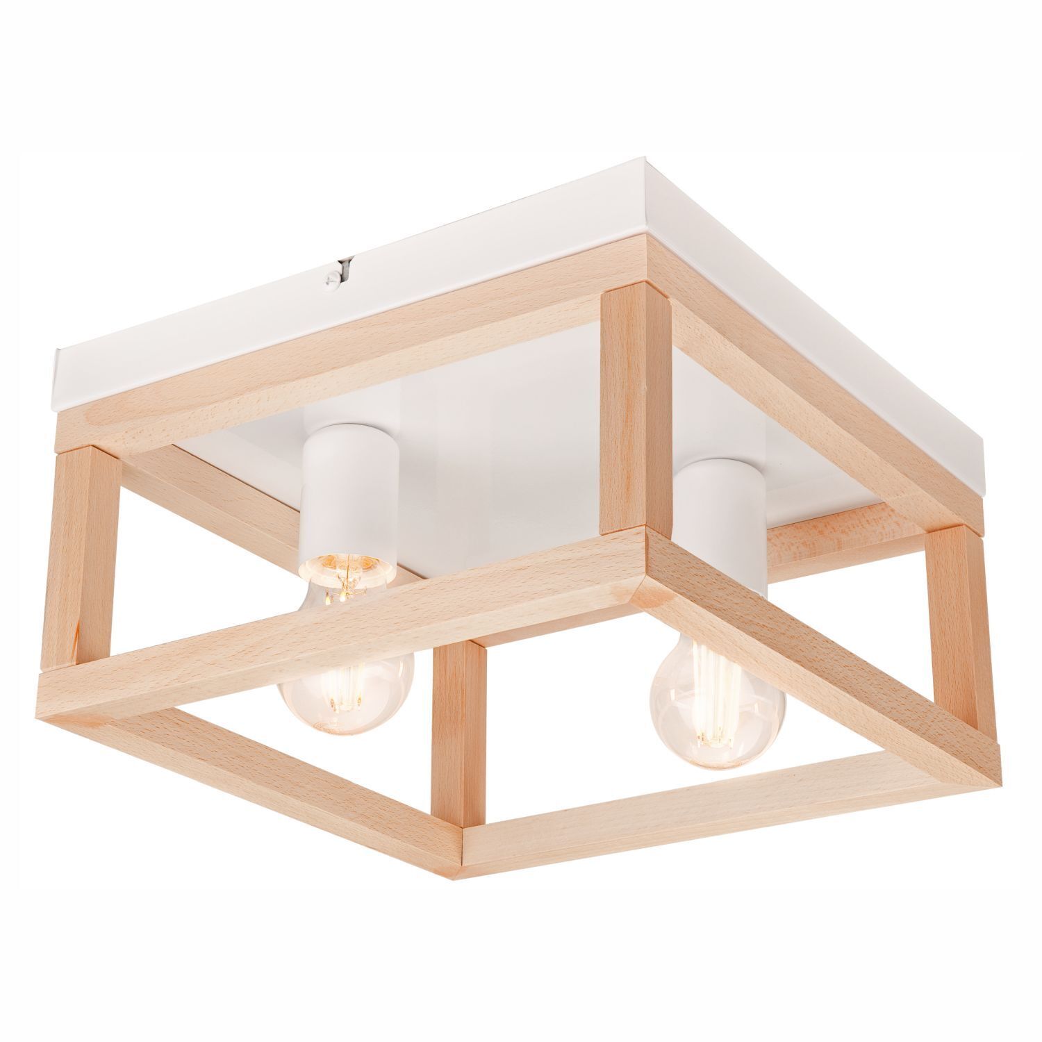 Plafonnier bois métal L : 30 cm carré naturel blanc 2x E27