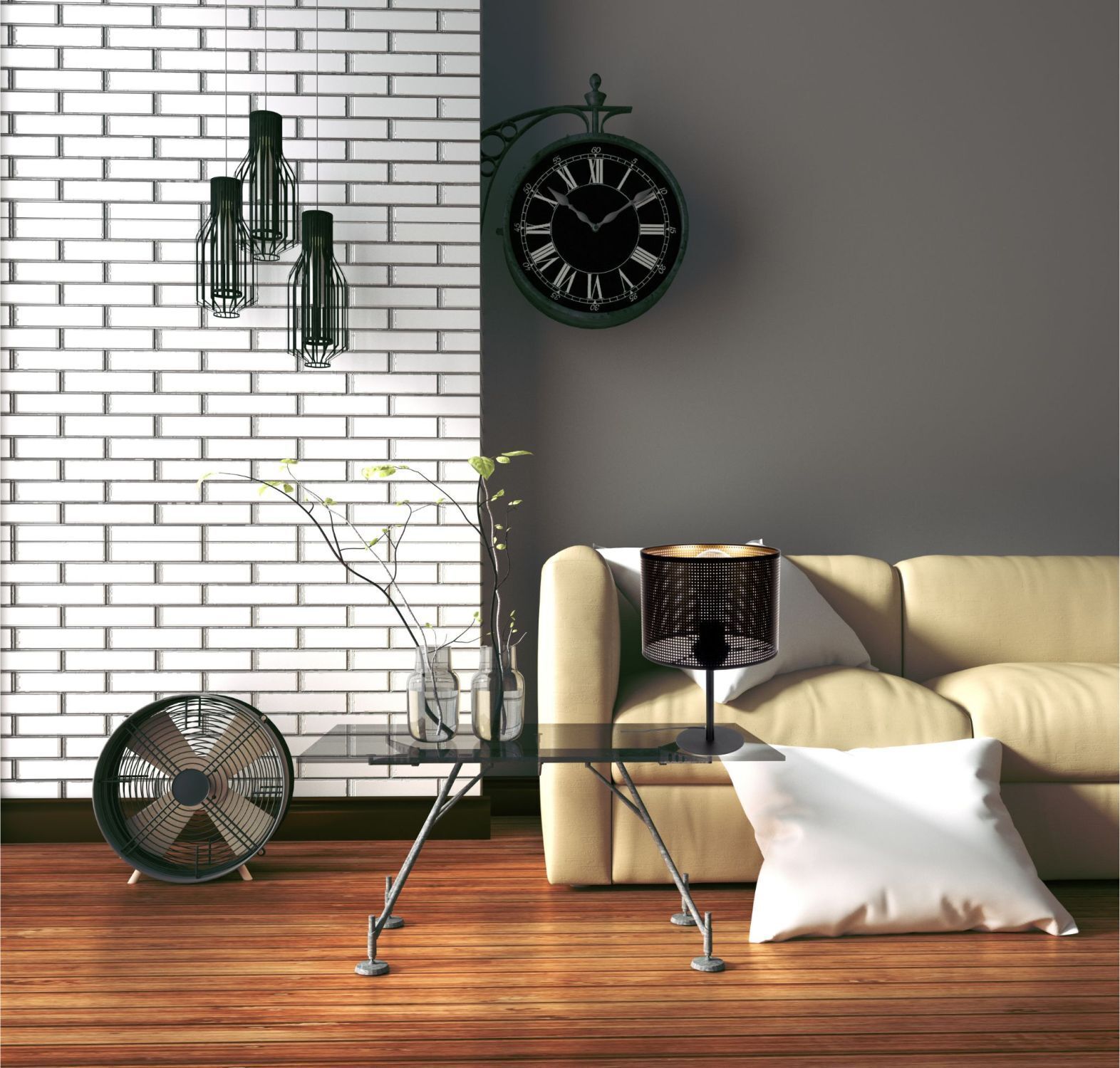 Sofa, Kissen, Tisch, Vasen, Stehlampe