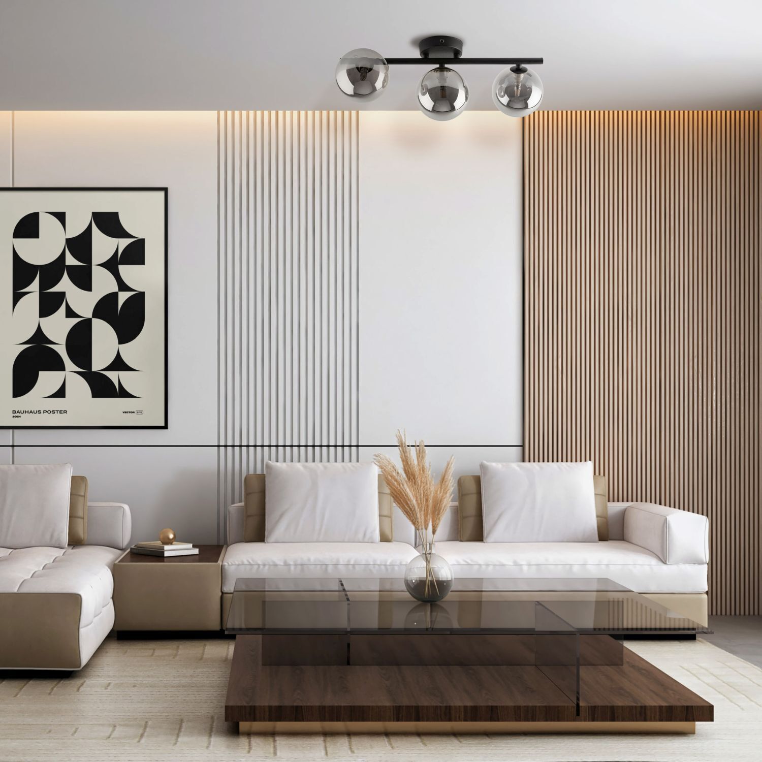 Plafonnier à 3 flammes 47 cm de long Noir Gris G9 Verre fumé Drinnen, Innenarchitektur, Inneneinrichtung, Wohnzimmer, Holzpaneele