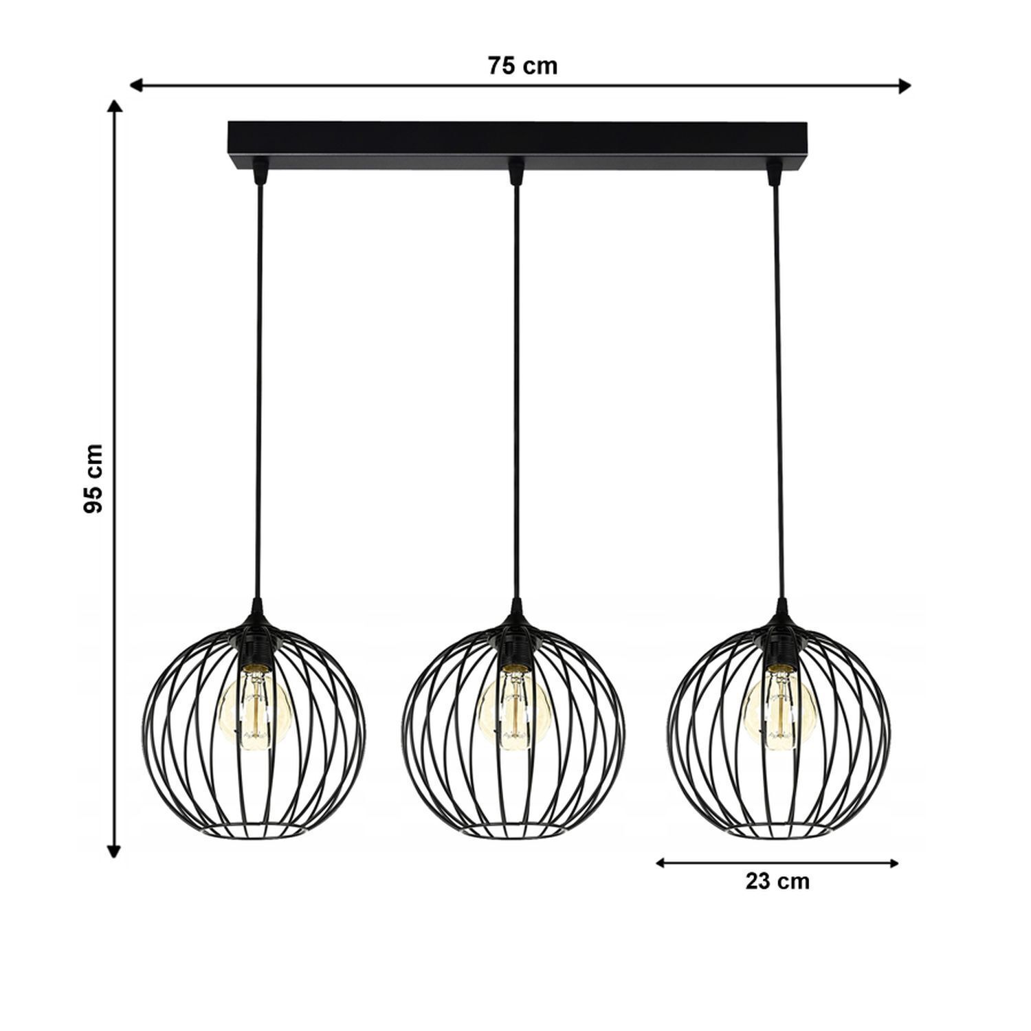 Lampe à suspendre E27 Noir Métal 3 flammes L:70 cm Fil de fer