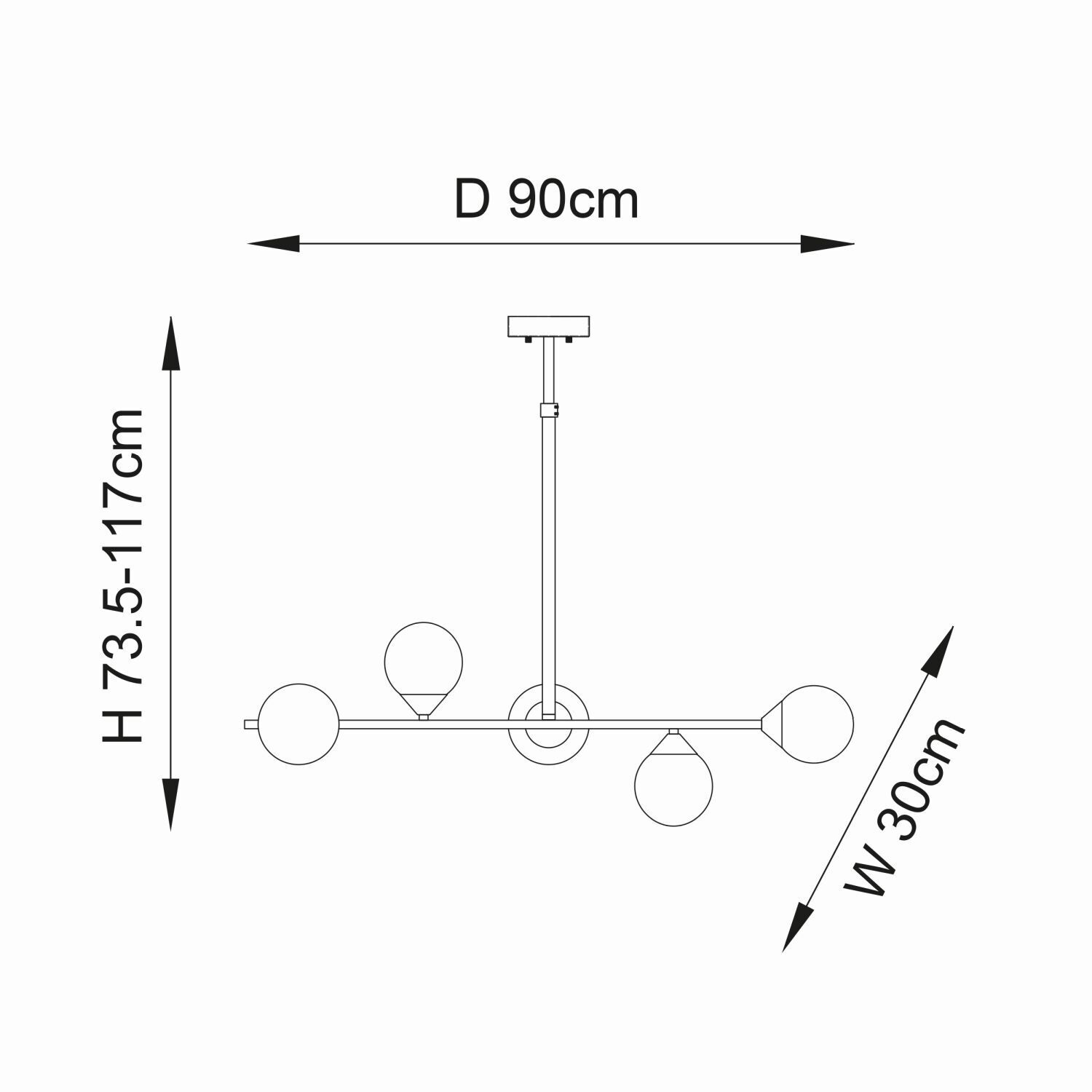Lampe de plafonnier verre fumé métal longueur 90 cm H : max. 117 cm G9