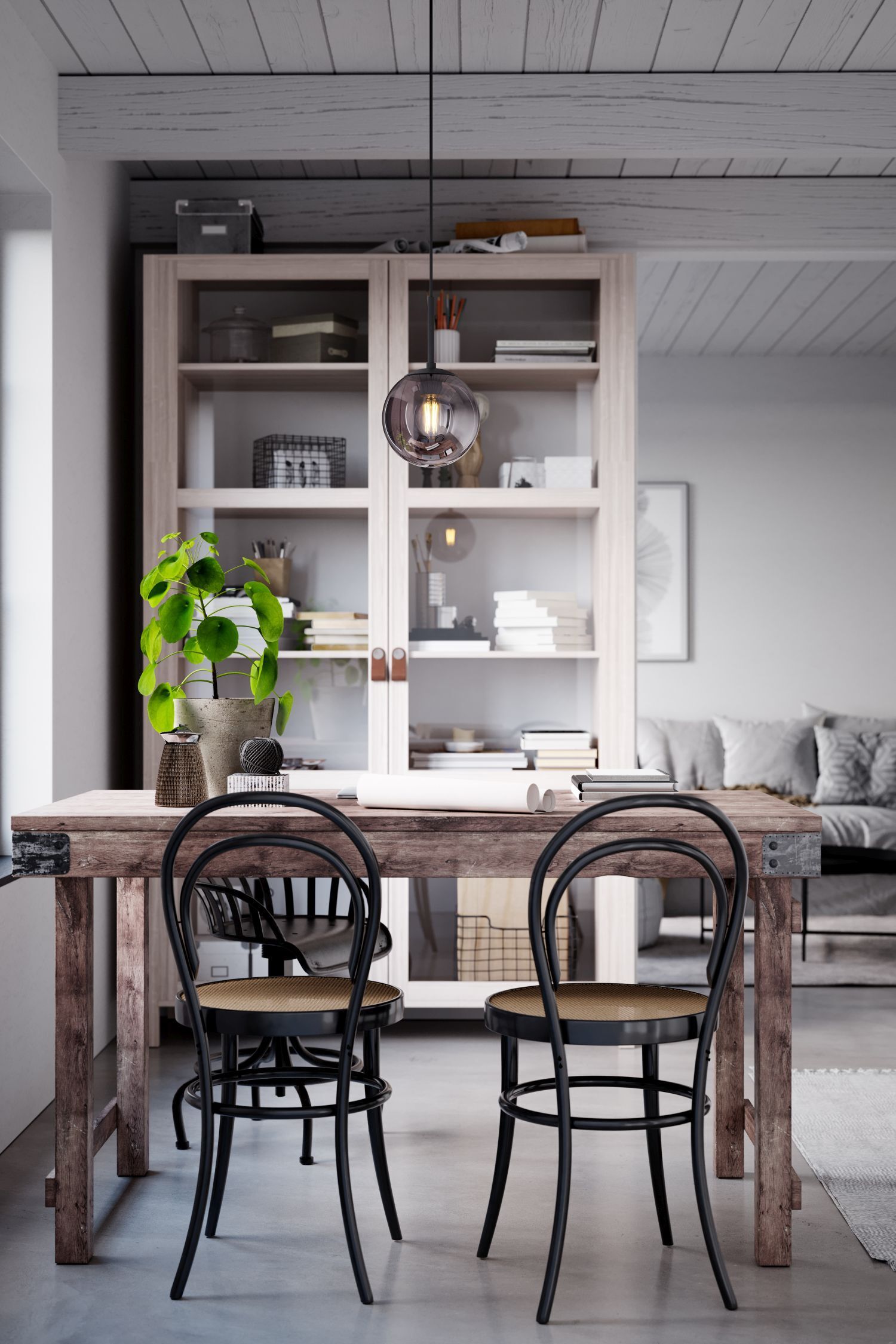 Pendelleuchte Kugelschirm Rauchglas 18 cm breit E27 Retro Esstisch, Holztisch, Schwarze Stühle, Küche/Dining, Vitrine/Schränk