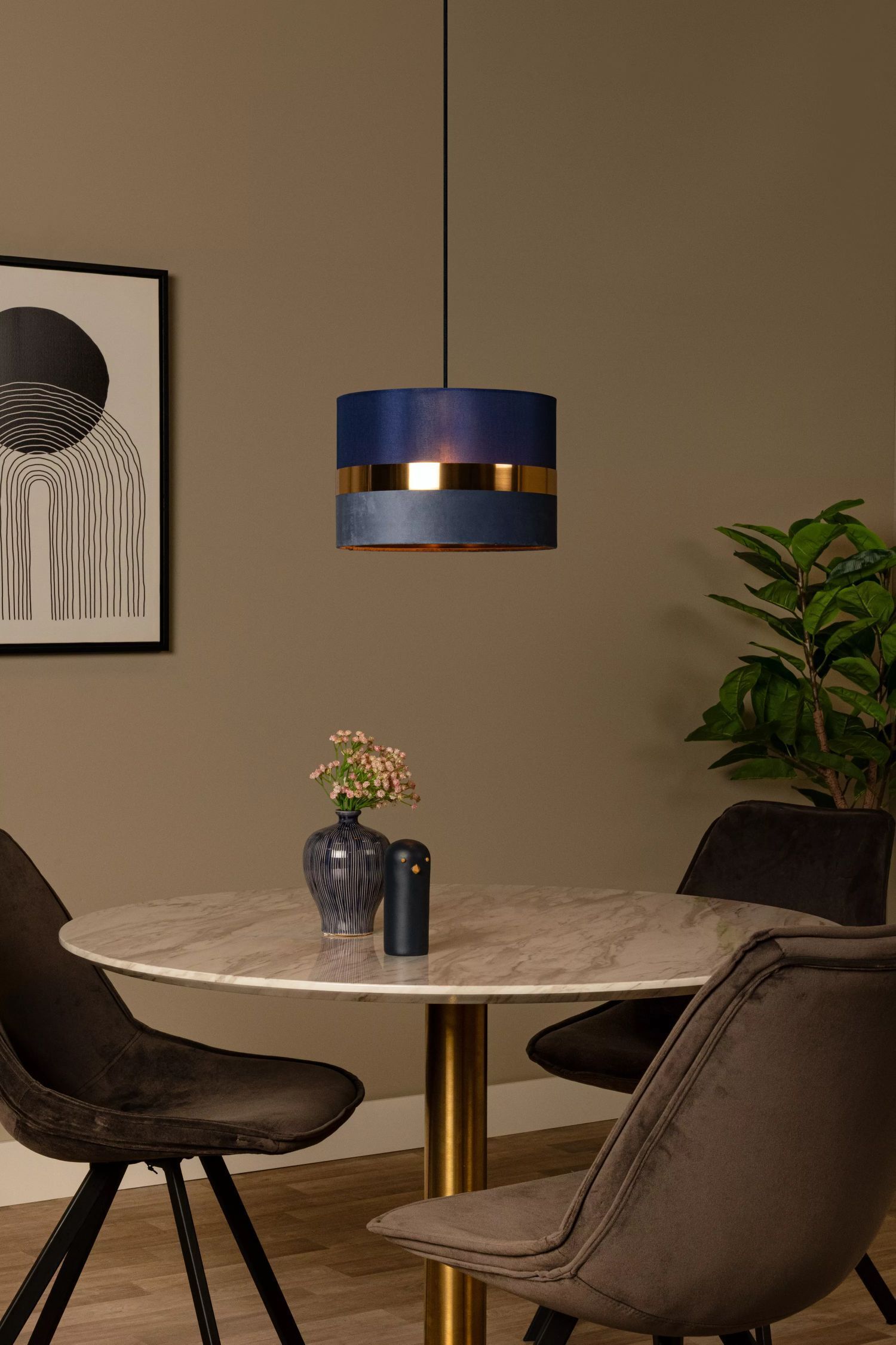 Stilvolle Pendelleuchte Stoff Blau Gold E27 Ø30 cm rund Esstisch, Tisch, Esszimmer, Lampe, Tischplatte
