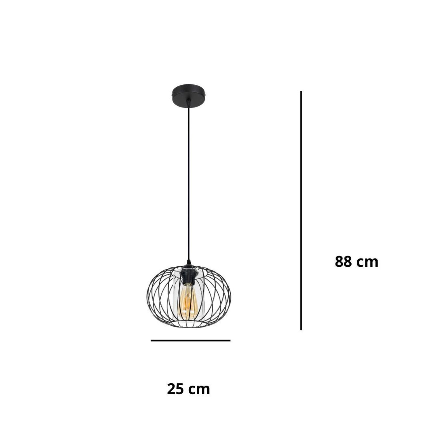 Hängelampe Metall E27 rund Ø25 cm Schwarz Retro Design Pendelleuchte, Käfigstruktur, Glühbirne sichtbar, schwarz, hängende Leuchte
