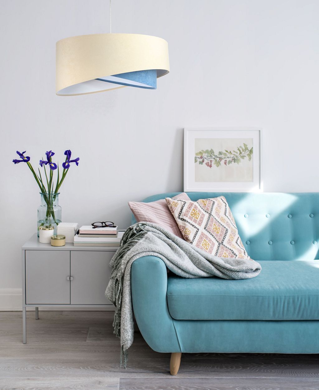 Suspension Tissu aspect velours rond Ø 50 cm E27 Crème Bleu