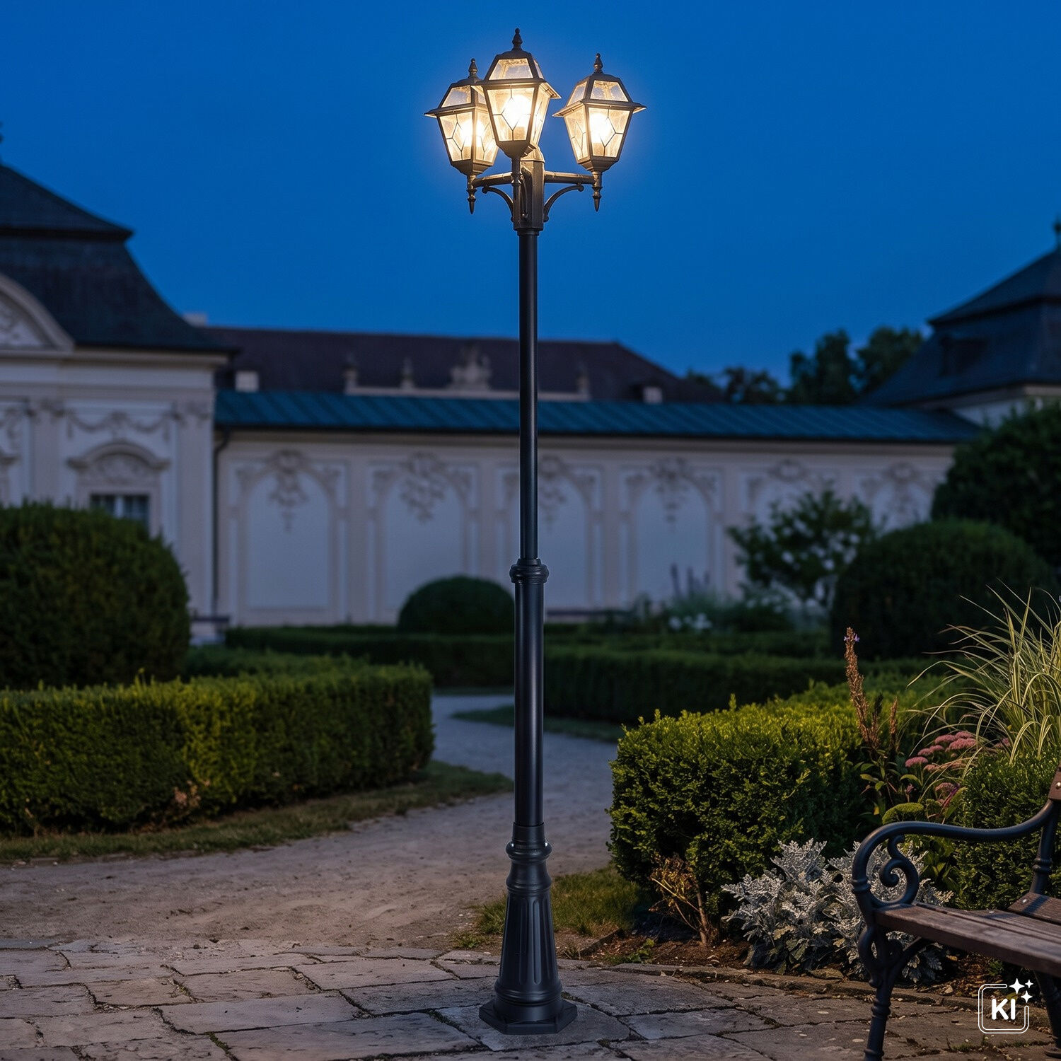 aussen-stehleuchte-wegeleuchte-merksem-3-flammig-schwarz-rustikal-370-2 Laterne, Straßenlampe, Außenbeleuchtung, Gartenlampe, schwarzer Stiel
