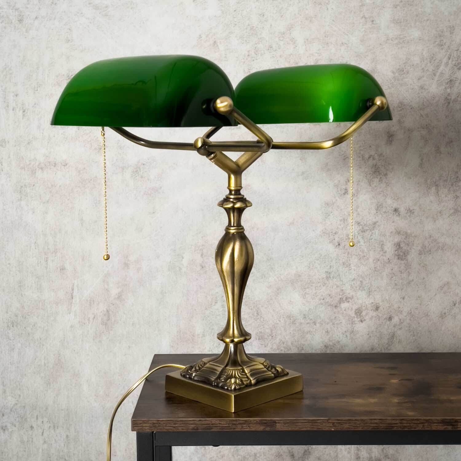 Lampe de banquier 42,5 cm 2 flammes E27 laiton véritable Interrupteur à tirette