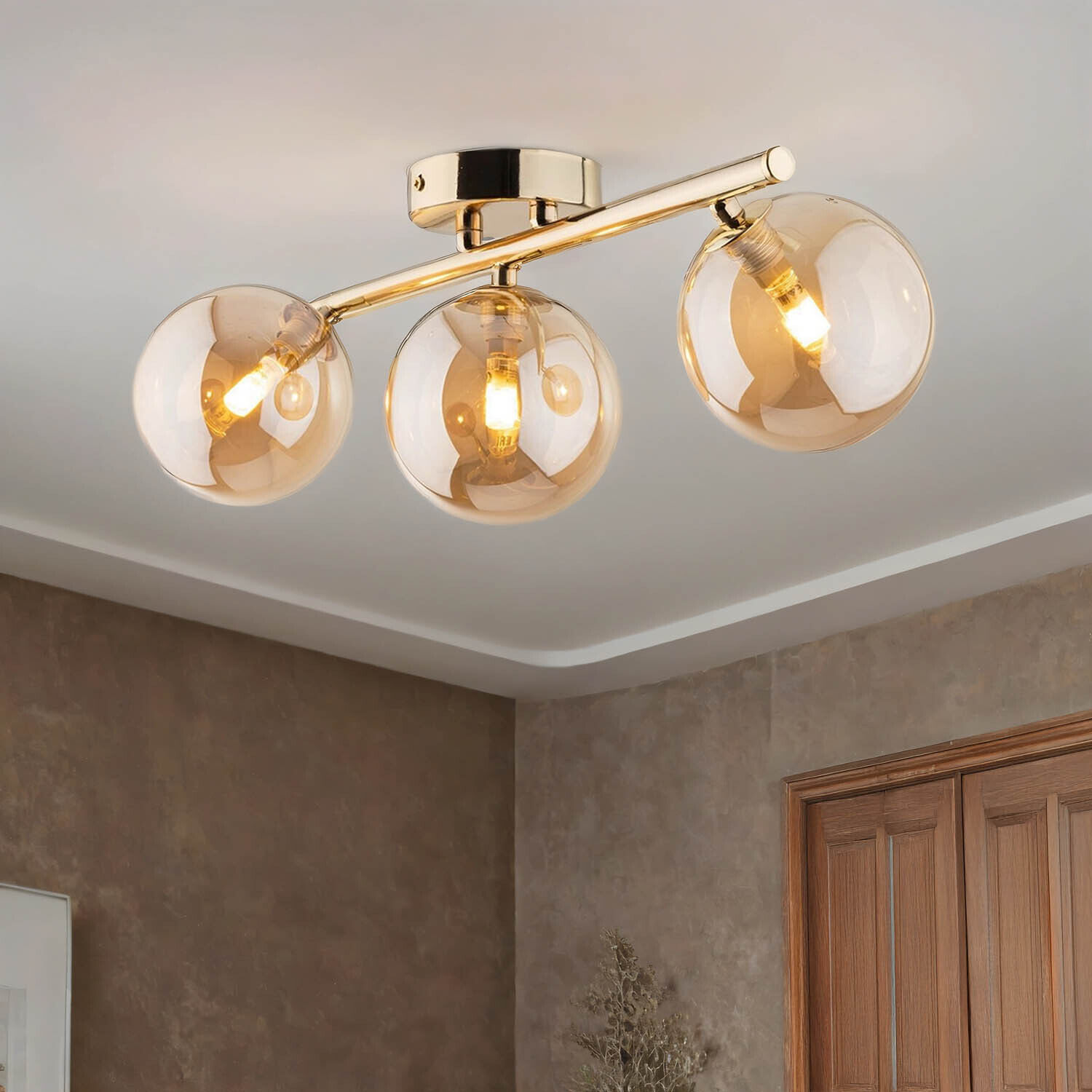 Plafonnier métal verre fumé 47 cm petit en or ambre