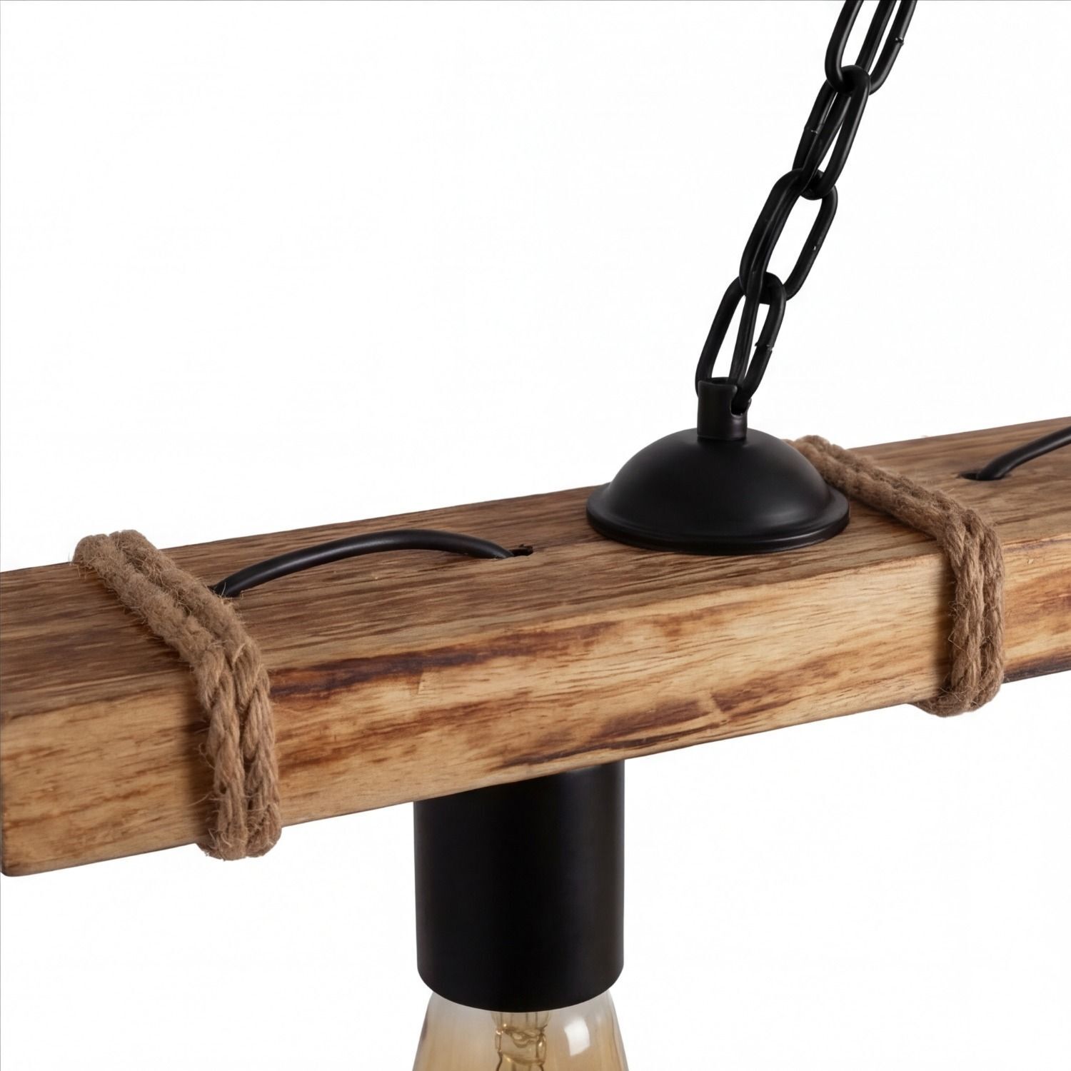 Holzbalken, Seil, Kette, Lampenfassung, Glühbirne